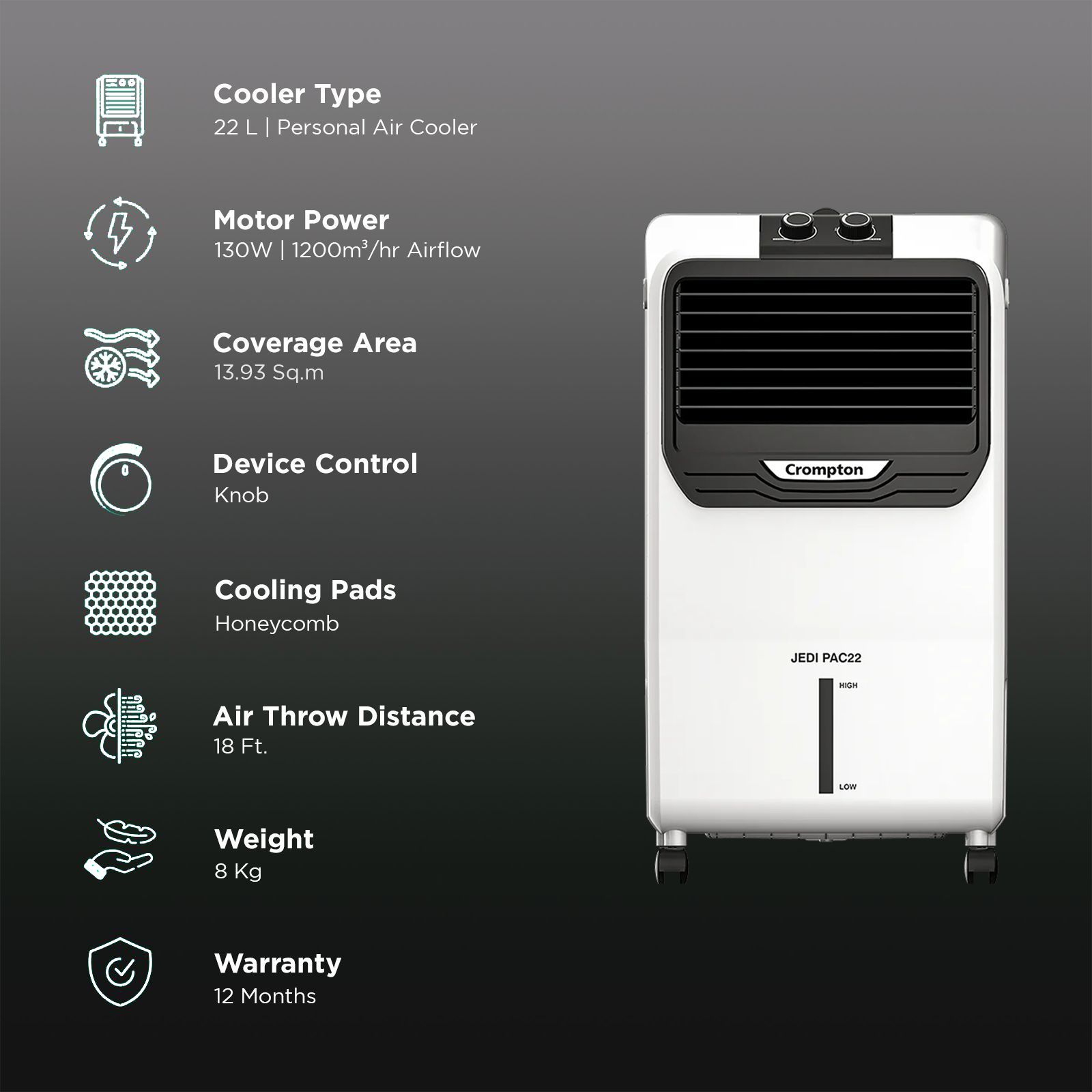 Crompton Jedi PAC 22 Litres Personal Air Cooler with Everlast Pump (4 Way Air Deflection, White & Black) Crompton Jedi PAC 22 Litres Personal Air Cooler with Everlast Pump (4 Way Air Deflection, White & Black)_3