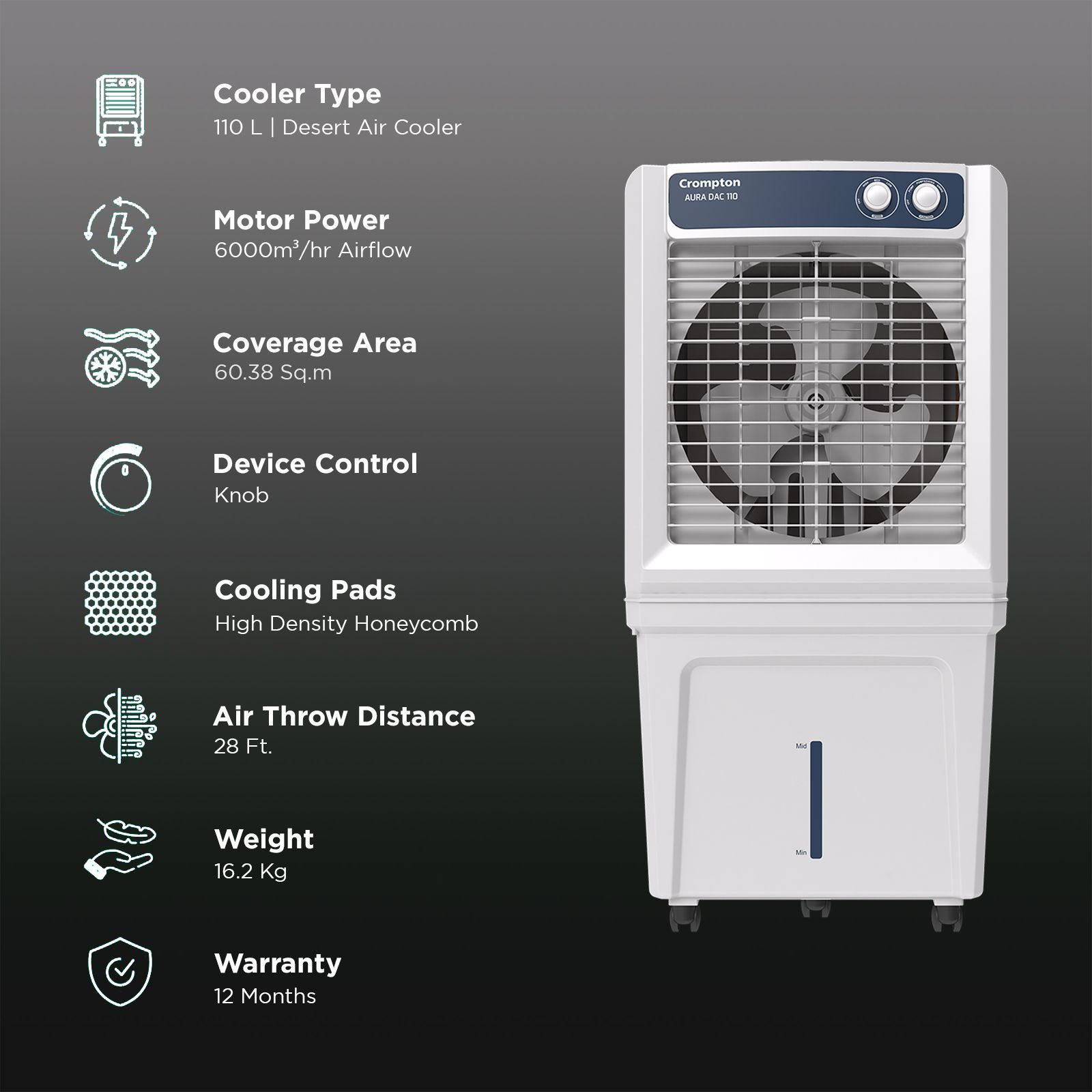 Crompton Aura 110 Litres Desert Air Cooler with Everlast Pump (Collasible Louvers, Indian Ink & While) Crompton Aura 110 Litres Desert Air Cooler with Everlast Pump (Collasible Louvers, Indian Ink & While)_3