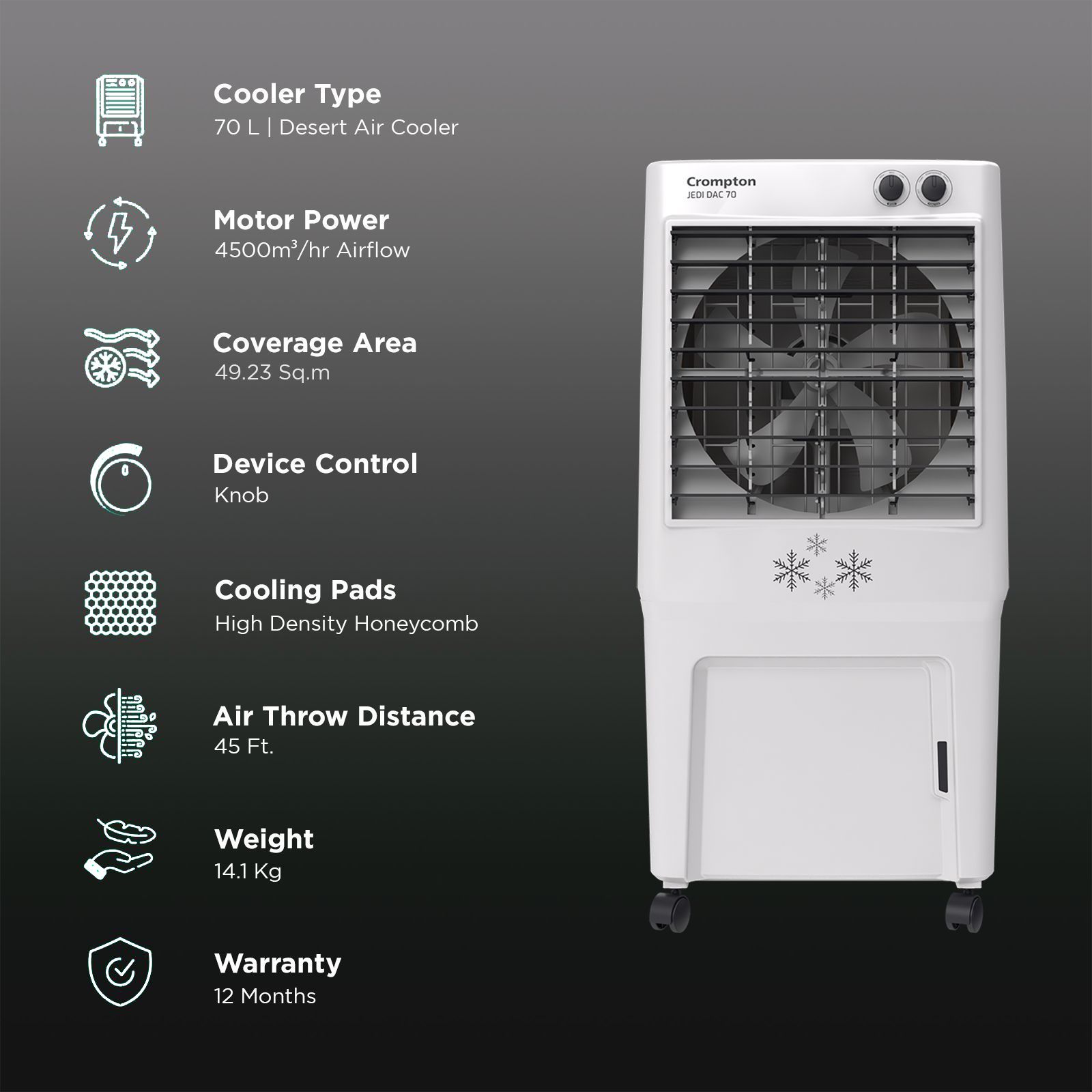 Crompton Jedi 70 Litres Desert Air Cooler with Everlast Pump (Fully Collasible Louvers, Black & White) Crompton Jedi 70 Litres Desert Air Cooler with Everlast Pump (Fully Collasible Louvers, Black & White)_3