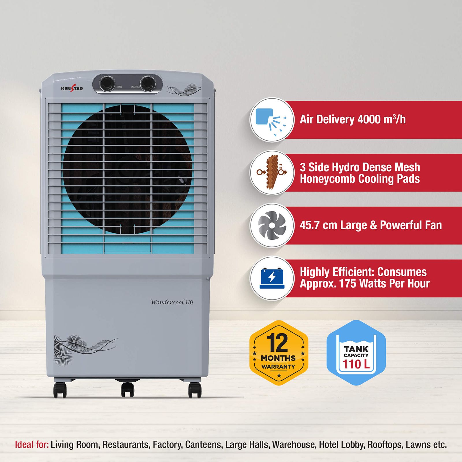 KENSTAR Wondercool HC 110 Litres Desert Air Cooler with Quadra Flow Technology (Invertible Compatible, Grey & Blue)_6