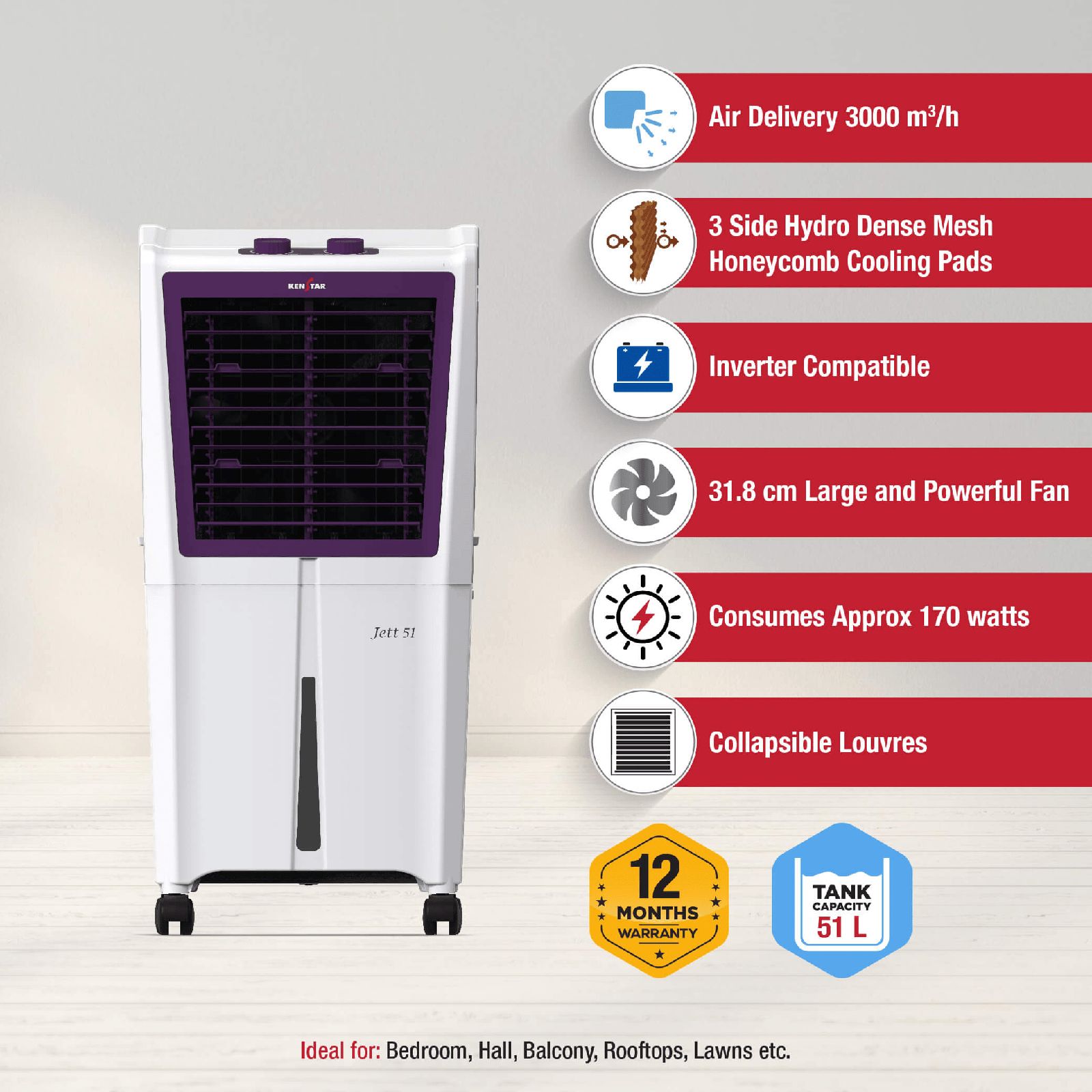KENSTAR JETT HC 51 Litres Personal Air Cooler with Quadra Flow Technology (Collapsible Louvres, White & Purple)_5