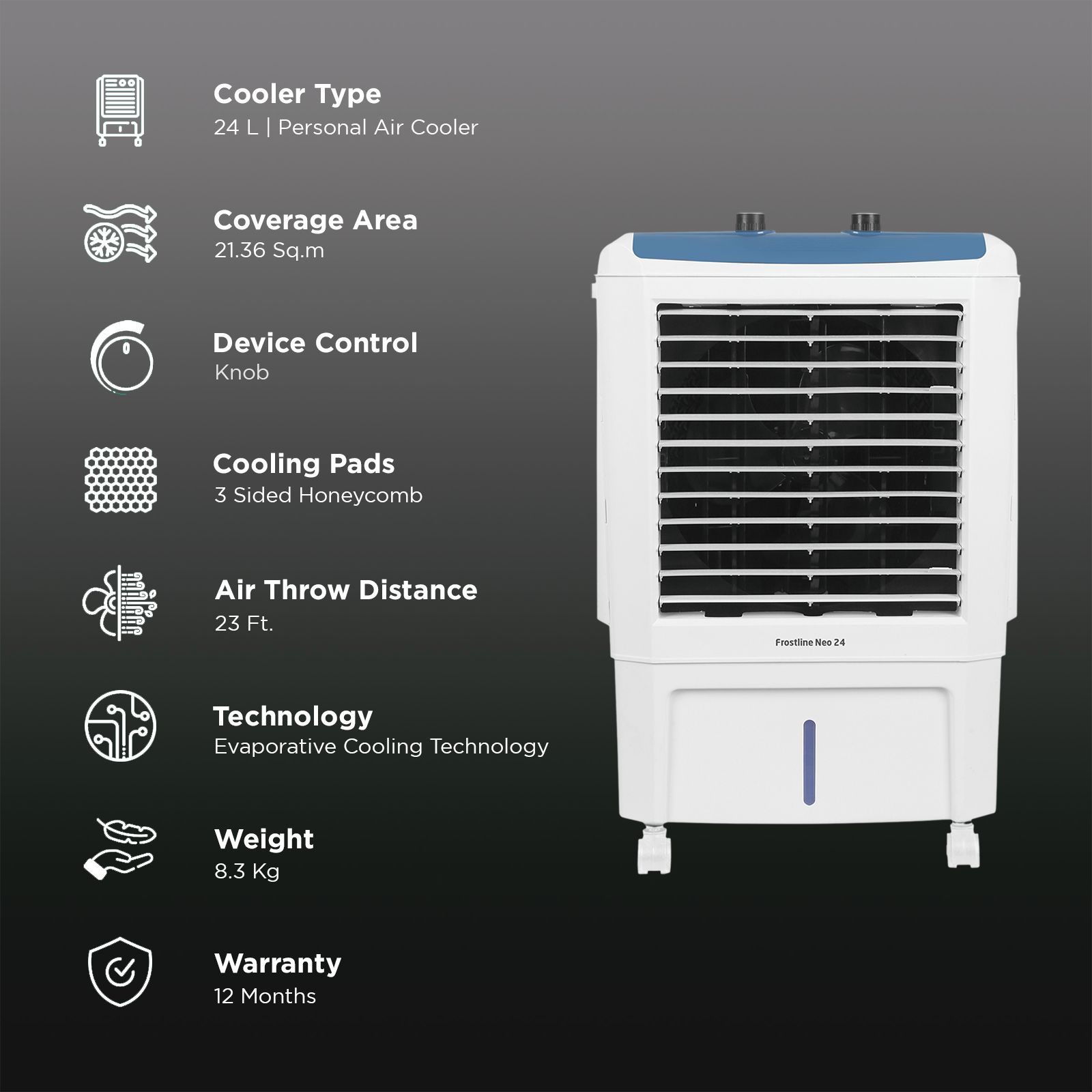 Livpure Frostline Neo 24 Litres Personal Air Cooler with Evaporative Cooling Technology (Inverter Compatible, White & Blue)_3