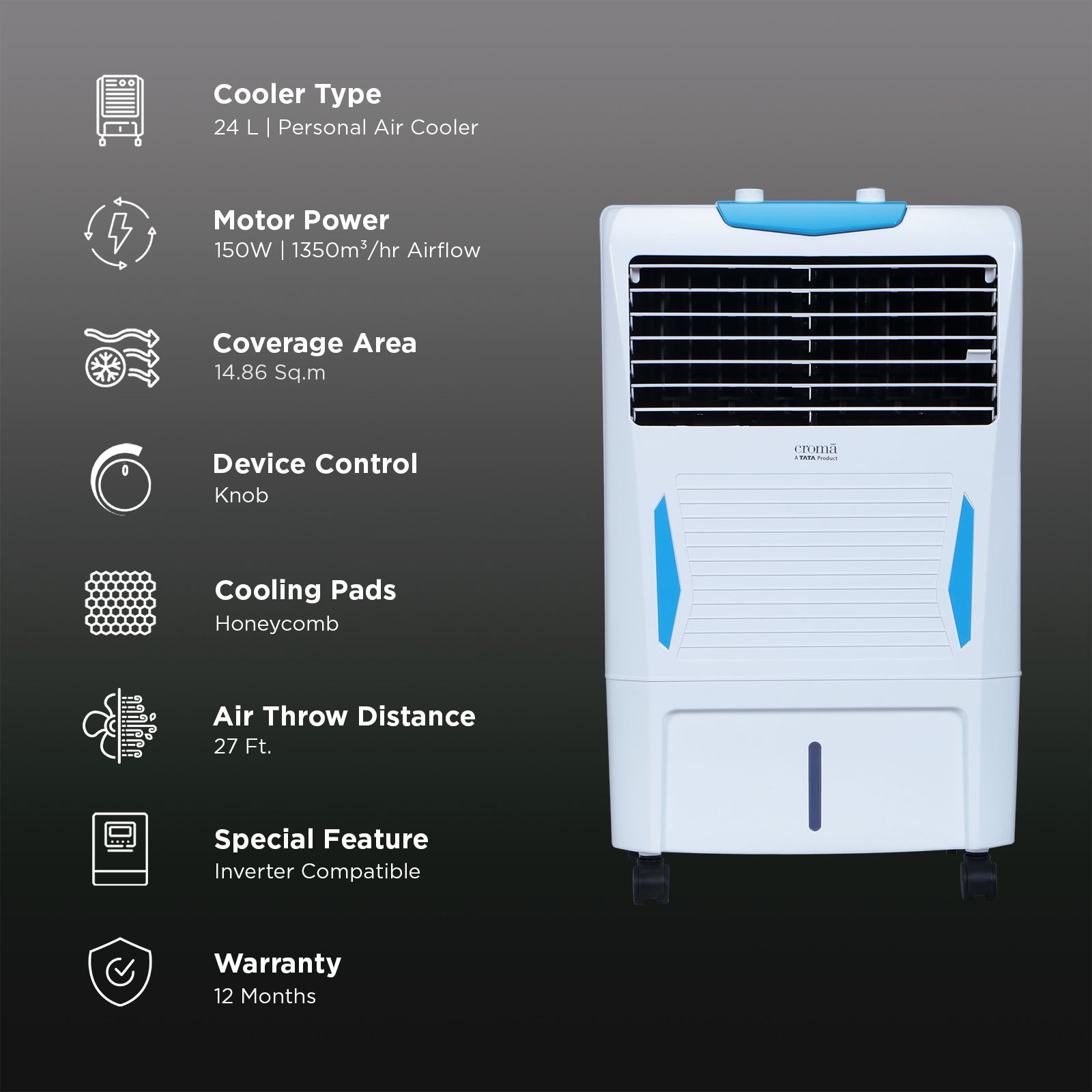 Croma 24 Litres Personal Air Cooler with Motorized Vertical Louvers (4-Way Air Deflection, White) Croma 24 Litres Personal Air Cooler with Motorized Vertical Louvers (4-Way Air Deflection, White)_3