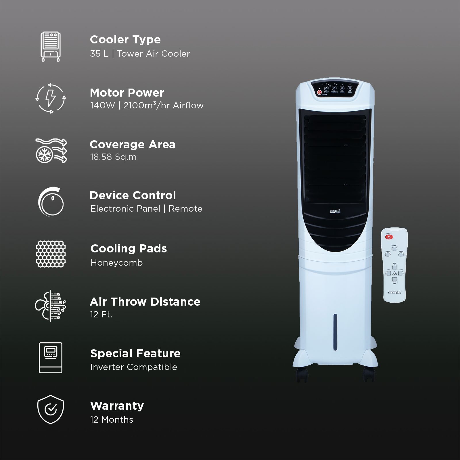 Croma 35 Litres Tower Air Cooler with Four-Way Air Deflection System (Powerful Airflow, White & Black)_3