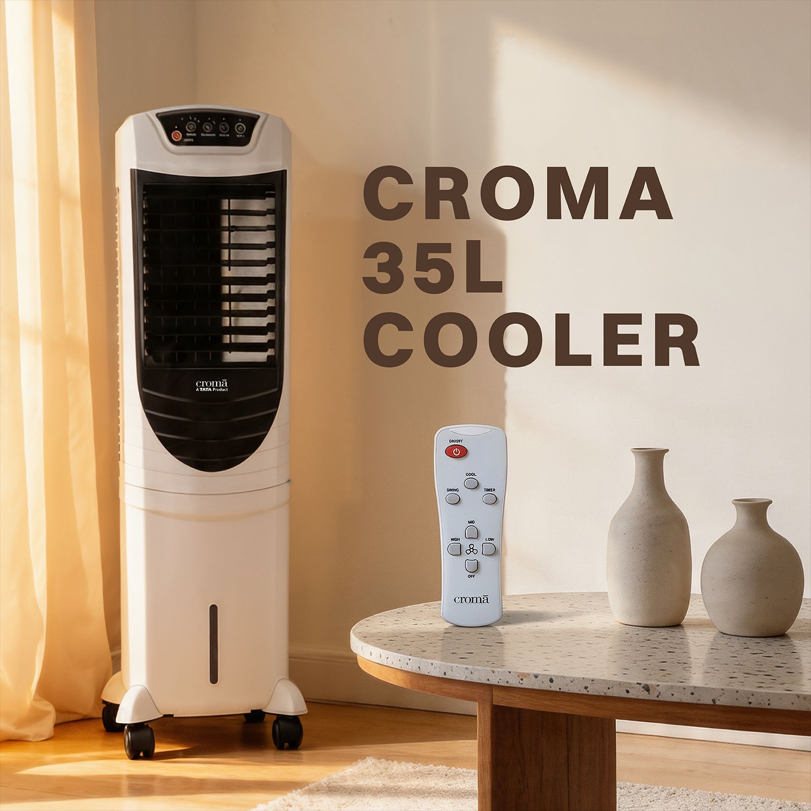 Croma 35 Litres Tower Air Cooler with Four-Way Air Deflection System (Powerful Airflow, White & Black)_5