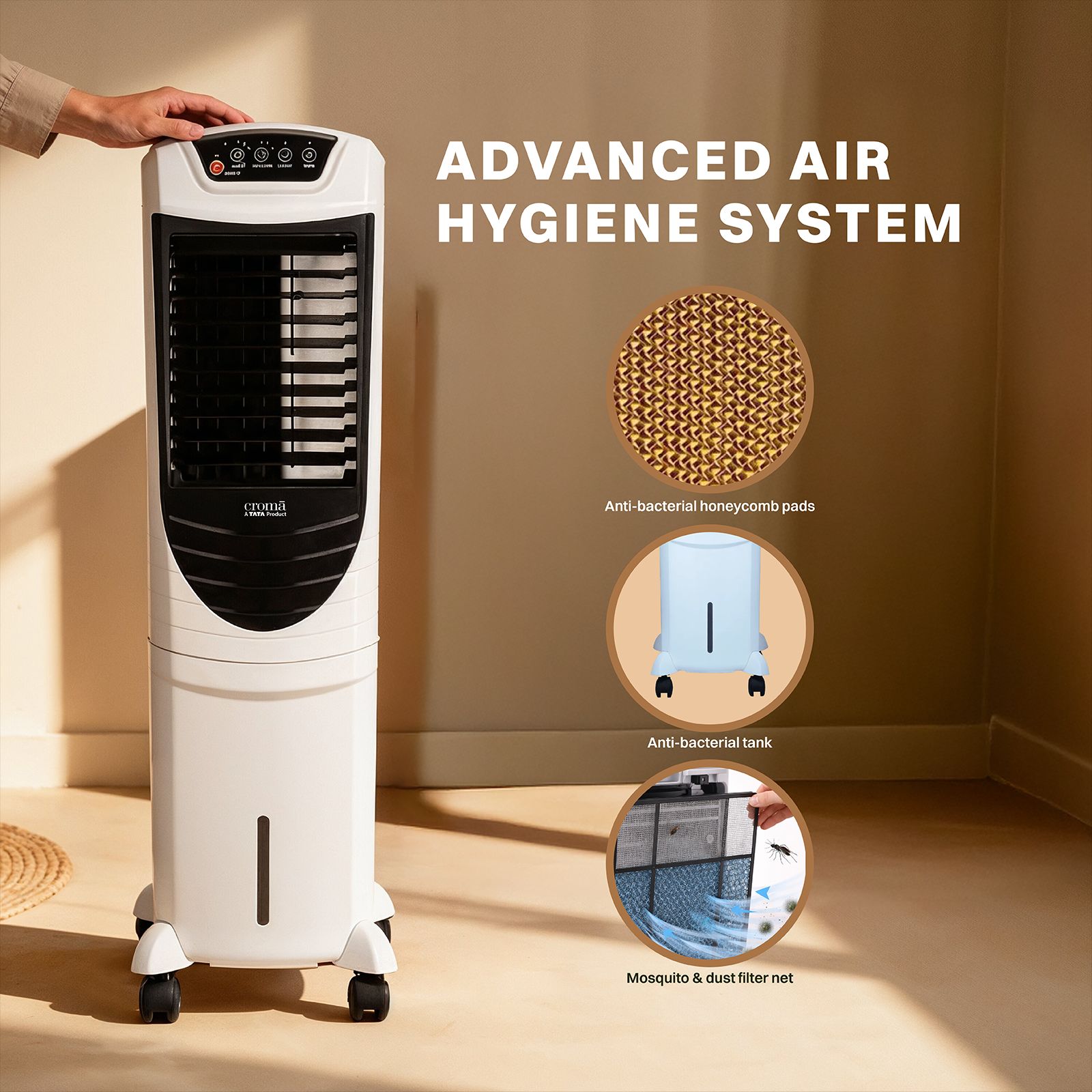Croma 35 Litres Tower Air Cooler with Four-Way Air Deflection System (Powerful Airflow, White & Black)_6