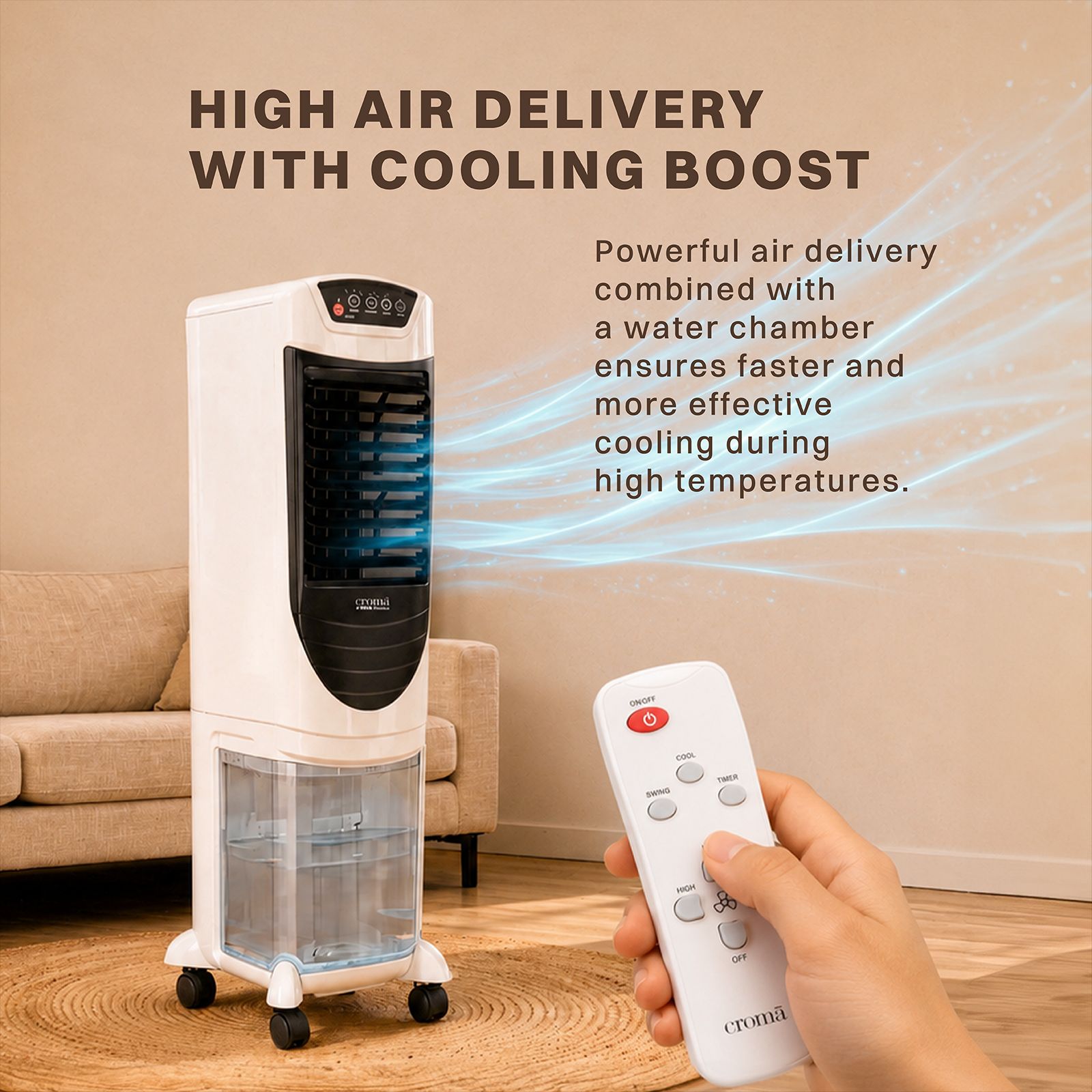 Croma 35 Litres Tower Air Cooler with Four-Way Air Deflection System (Powerful Airflow, White & Black)_7