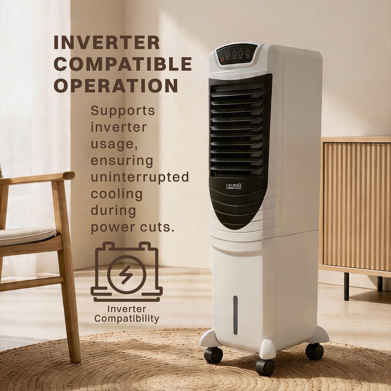Croma 35 Litres Tower Air Cooler with Four-Way Air Deflection System (Powerful Airflow, White & Black)_8