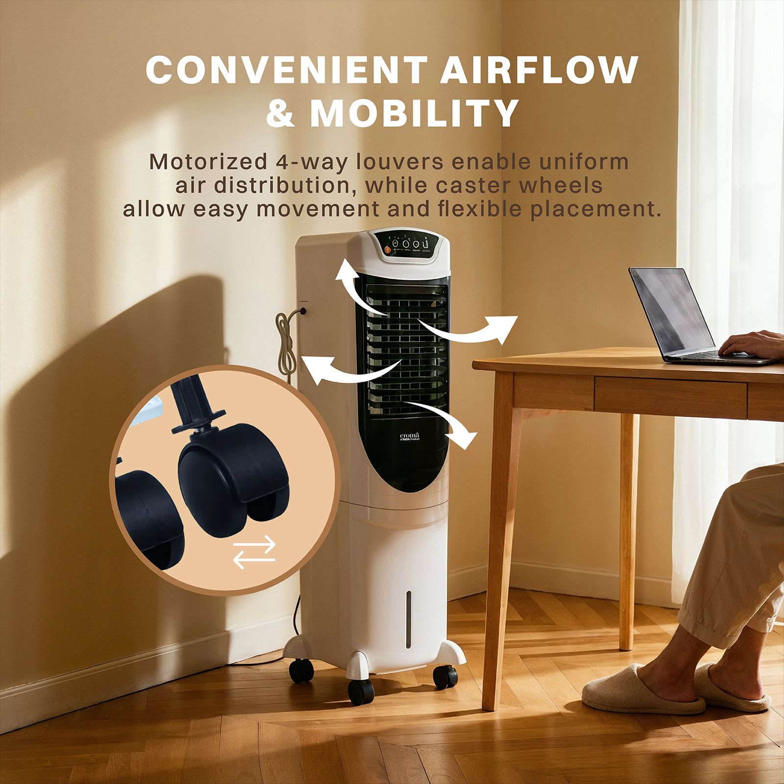 Croma 35 Litres Tower Air Cooler with Four-Way Air Deflection System (Powerful Airflow, White & Black)_9