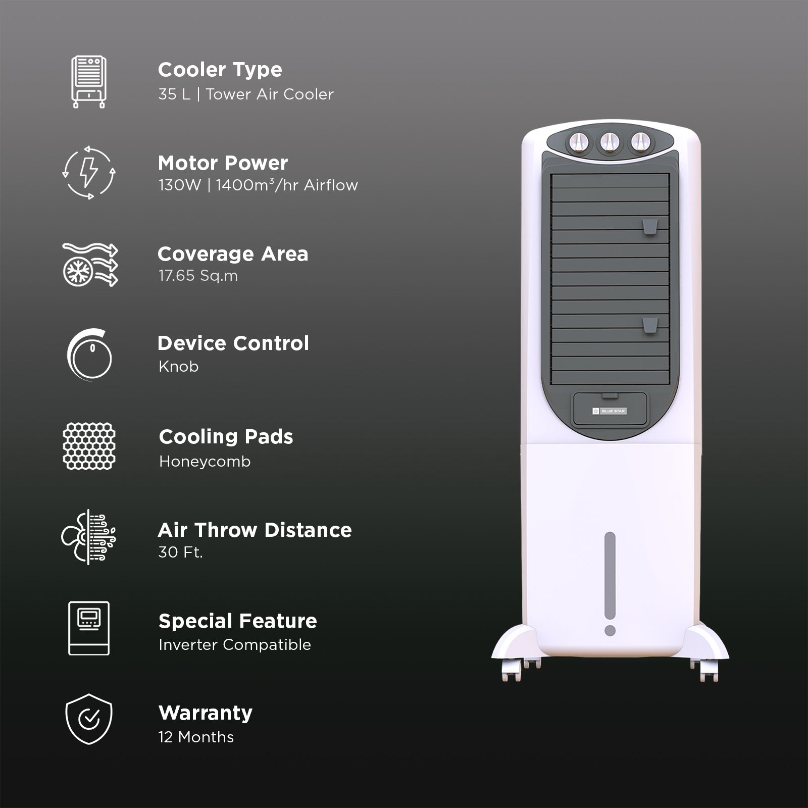 Blue Star PREMIA 35 Litres Tower Air Cooler with Anti-Microbial Property (Cross Drift Technology, White & Cool Grey) Blue Star PREMIA 35 Litres Tower Air Cooler with Anti-Microbial Property (Cross Drift Technology, White & Cool Grey)_3