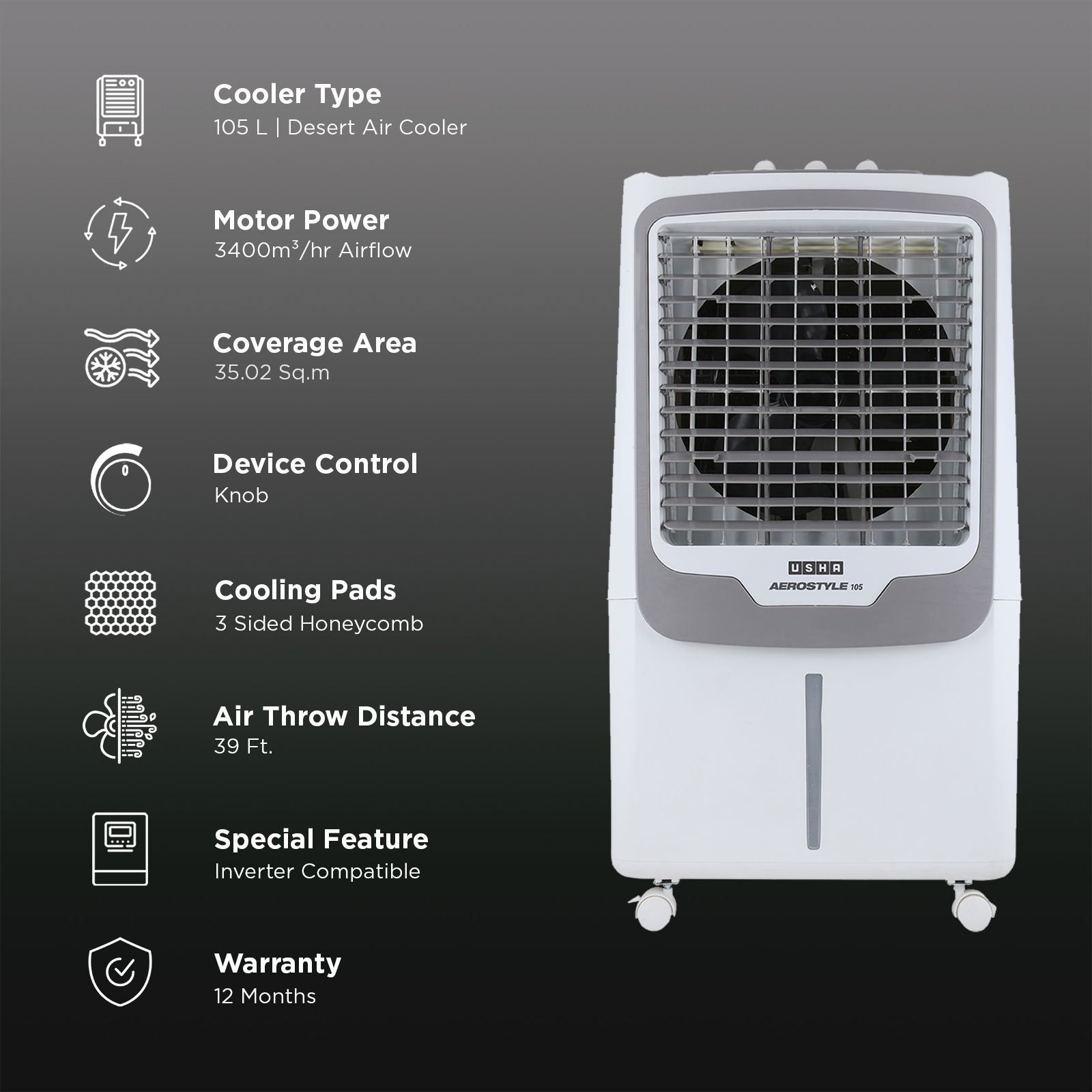 Usha AERO STYLE 105ASD1 105 Litres Desert Air Cooler with Shower Distribution Channel (Adjustable Water Flow, White & Grey) Usha AERO STYLE 105ASD1 105 Litres Desert Air Cooler with Shower Distribution Channel (Adjustable Water Flow, White & Grey)_3