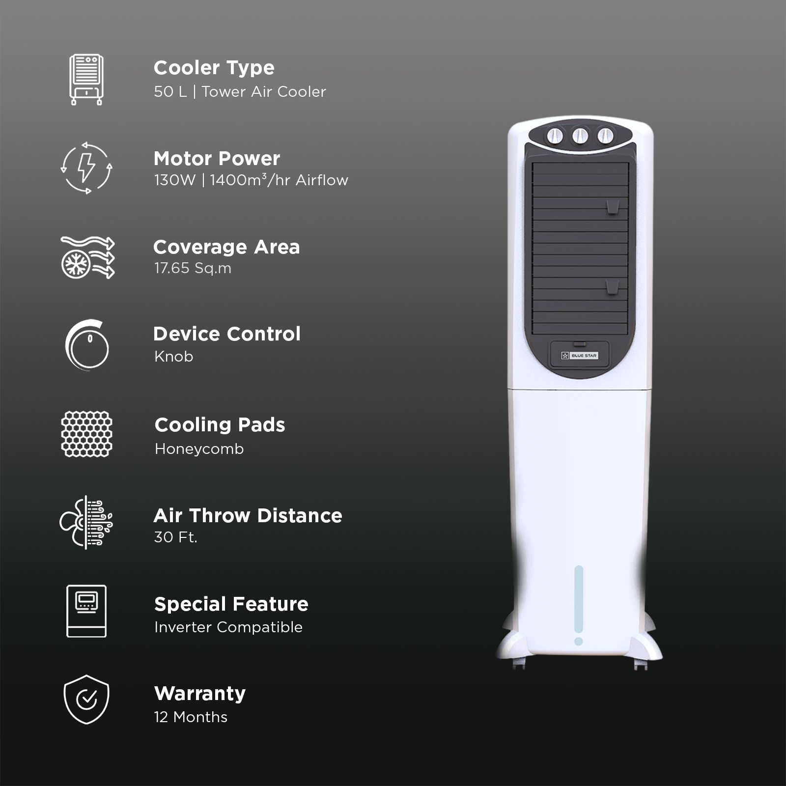 Blue Star PREMIA 50 Litres Tower Air Cooler with Thermal Overload Protection (Ice Chamber, White & Cool Grey) Blue Star PREMIA 50 Litres Tower Air Cooler with Thermal Overload Protection (Ice Chamber, White & Cool Grey)_3