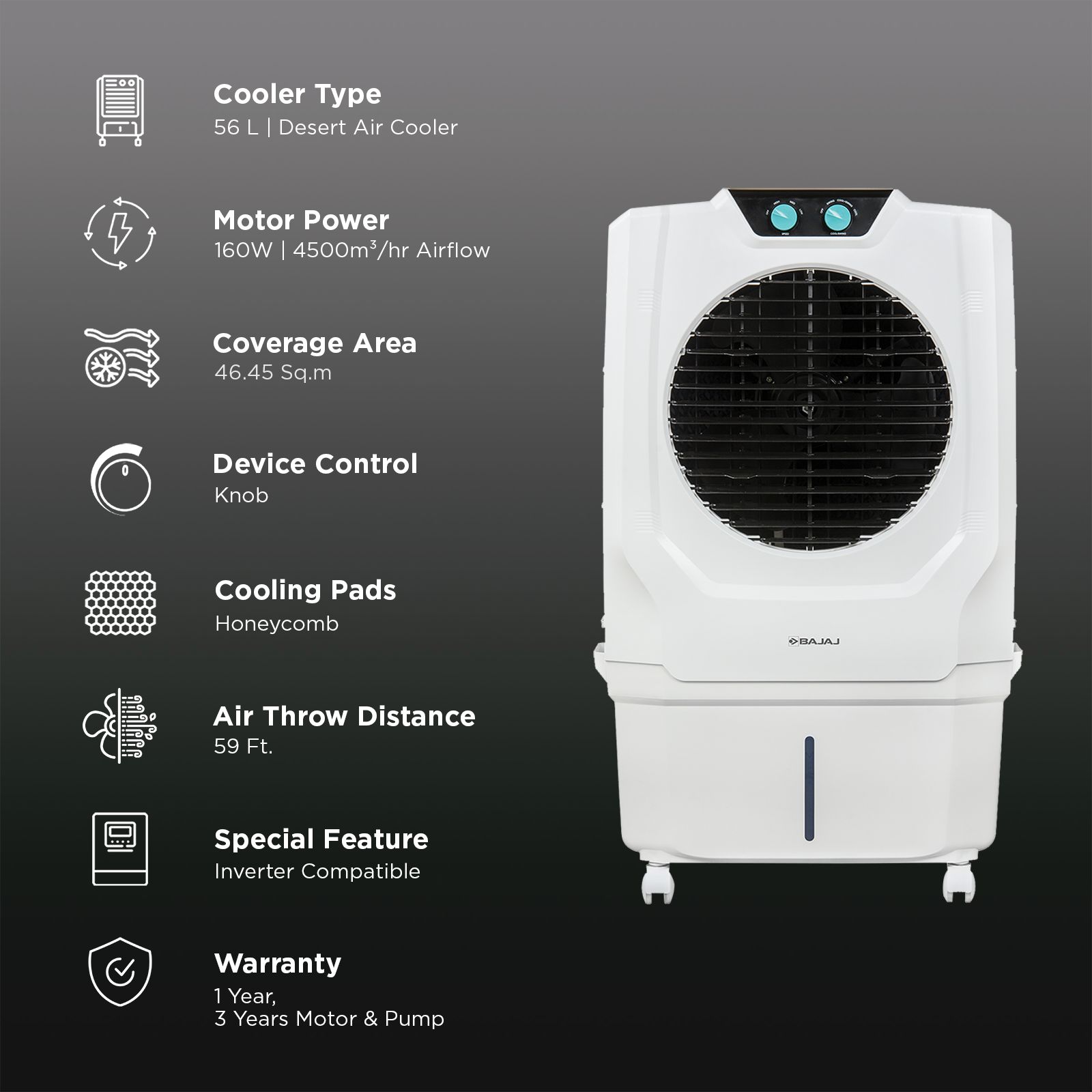 Bajaj Shield Series Specter 56 Litres Desert Air Cooler with Turbo Fan Technology (4 Way Swing Deflection, White) Bajaj Shield Series Specter 56 Litres Desert Air Cooler with Turbo Fan Technology (4 Way Swing Deflection, White)_3