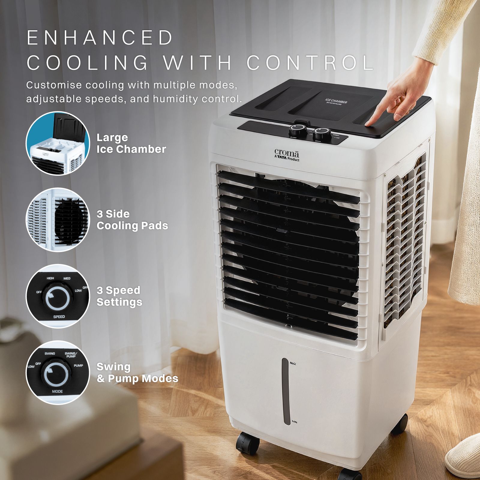 Croma 50 Litres Mini Desert Air Cooler with Ice Chamber (Honeycomb Pads, White) Croma 50 Litres Mini Desert Air Cooler with Ice Chamber (Honeycomb Pads, White)_6