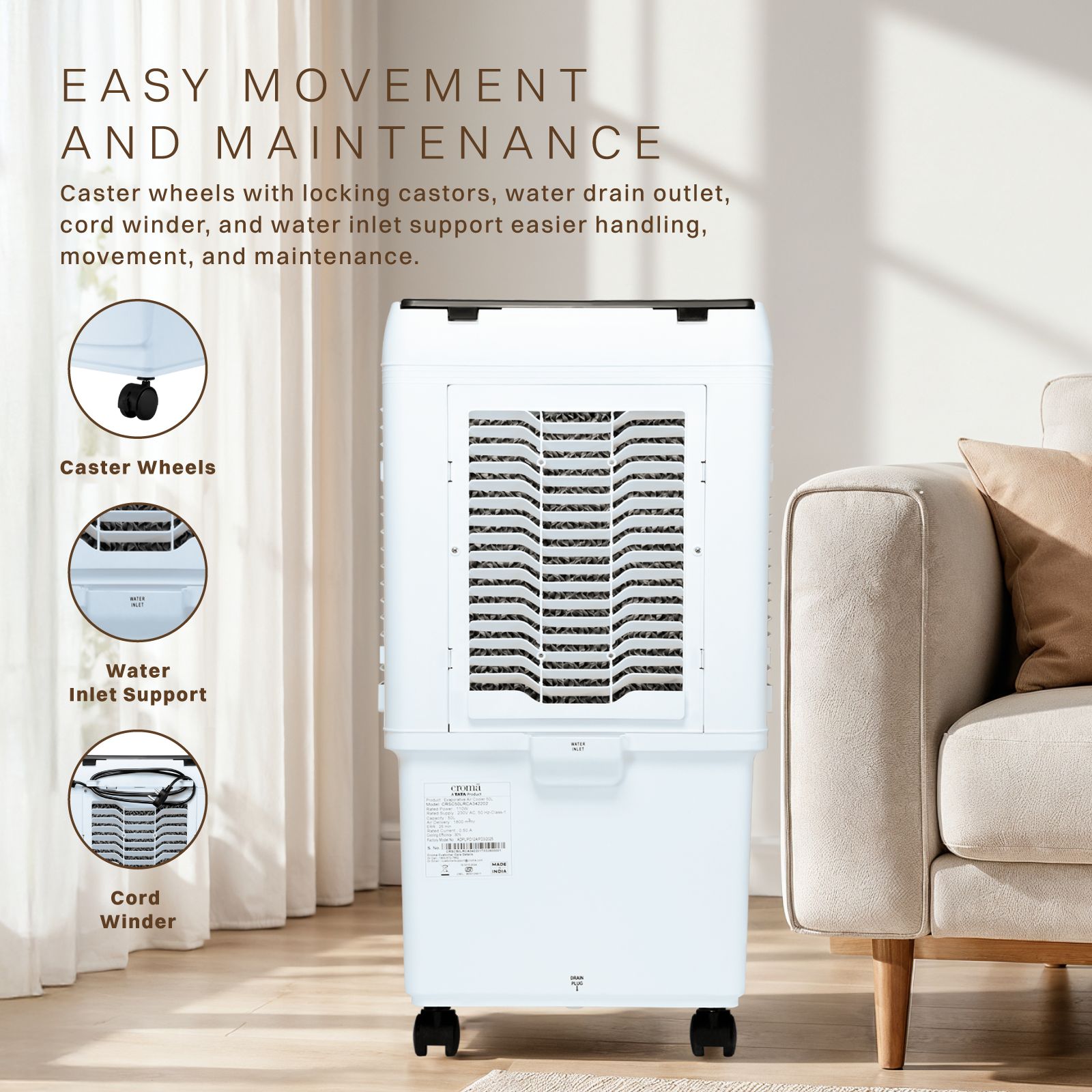 Croma 50 Litres Mini Desert Air Cooler with Ice Chamber (Honeycomb Pads, White) Croma 50 Litres Mini Desert Air Cooler with Ice Chamber (Honeycomb Pads, White)_7