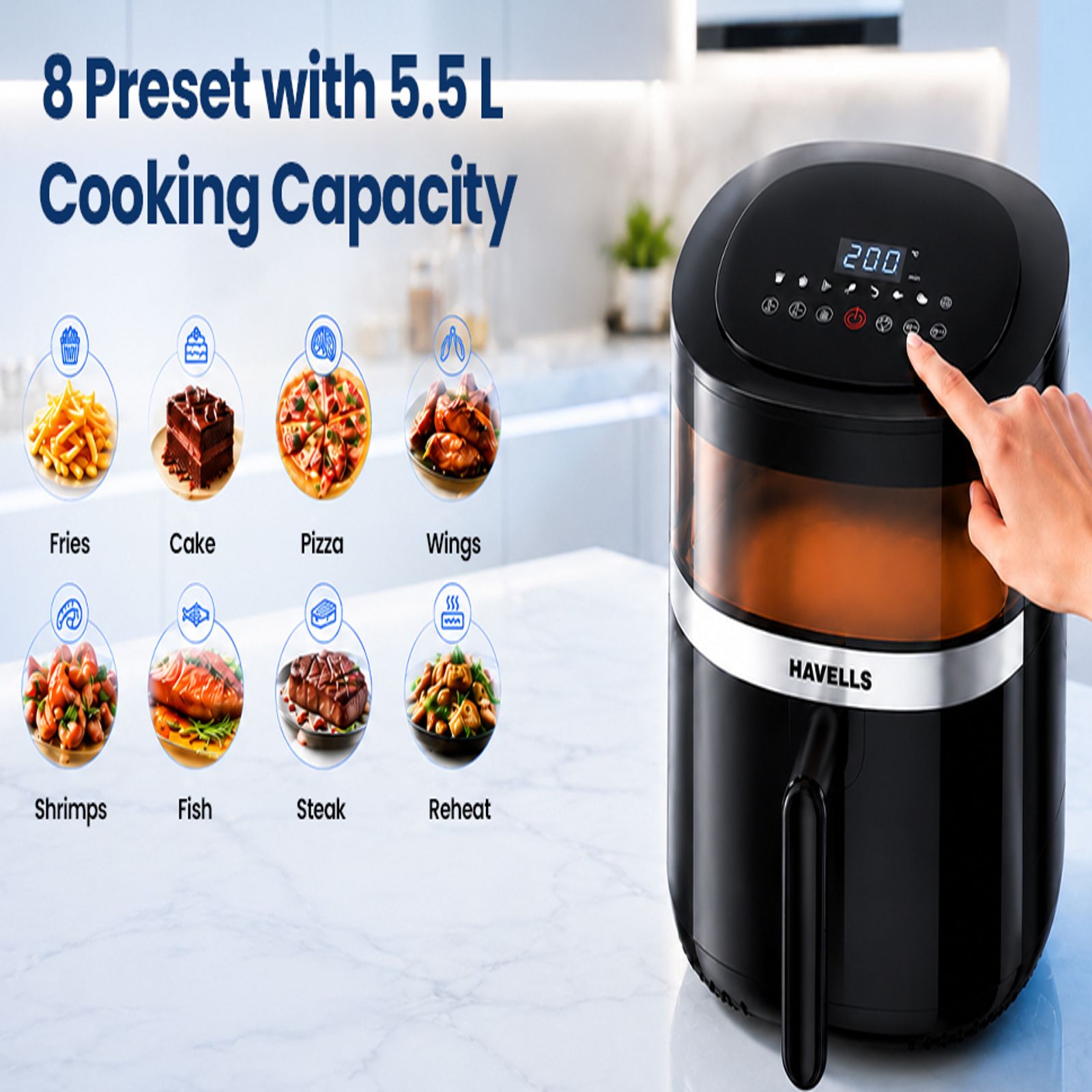 Havells Prolife Stellar Chef 5.5L 1500 Watt Digital Air Fryer with Aero Crisp Technology (Black) Havells Prolife Stellar Chef 5.5L 1500 Watt Digital Air Fryer with Aero Crisp Technology (Black)_8