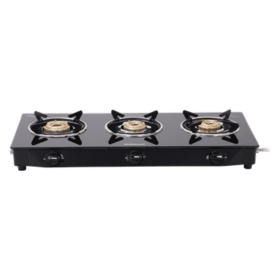 Sunflame Venza Toughened Glass Top 3 Burner Manual Gas Stove (Knob Control, Black)