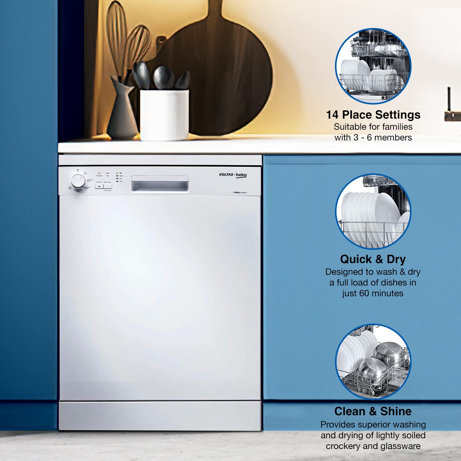 VOLTAS beko 14 Place Settings Free Standing Dishwasher with 2 Spray Levels (No Pre-rinse Required, White)_12