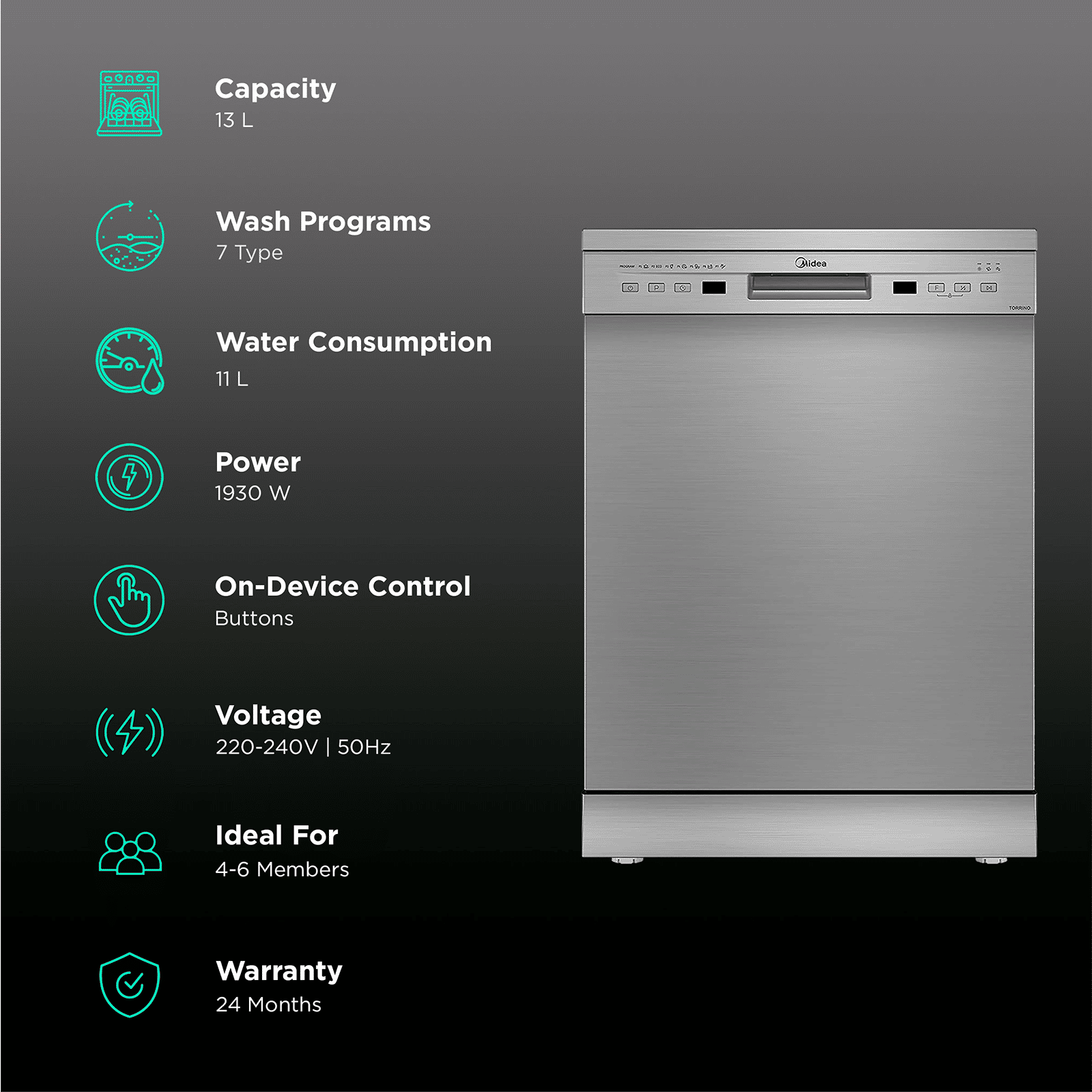 Midea TORRINO 13 Place Settings Free Standing Dishwasher with Intensive Wash Sanitization (Silver) Midea TORRINO 13 Place Settings Free Standing Dishwasher with Intensive Wash Sanitization (Silver)_3