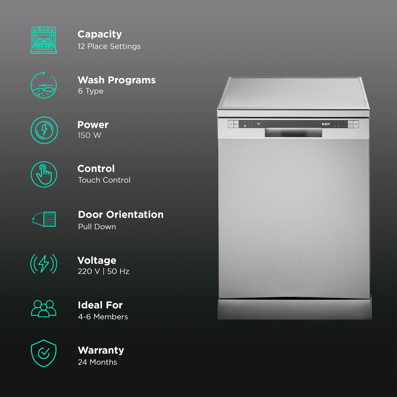 KAFF DW VETRA 60 12 Place Settings Free Standing Dishwasher with 3 Stage Filtration (No Pre-rinse Required, Silver) KAFF DW VETRA 60 12 Place Settings Free Standing Dishwasher with 3 Stage Filtration (No Pre-rinse Required, Silver)_3