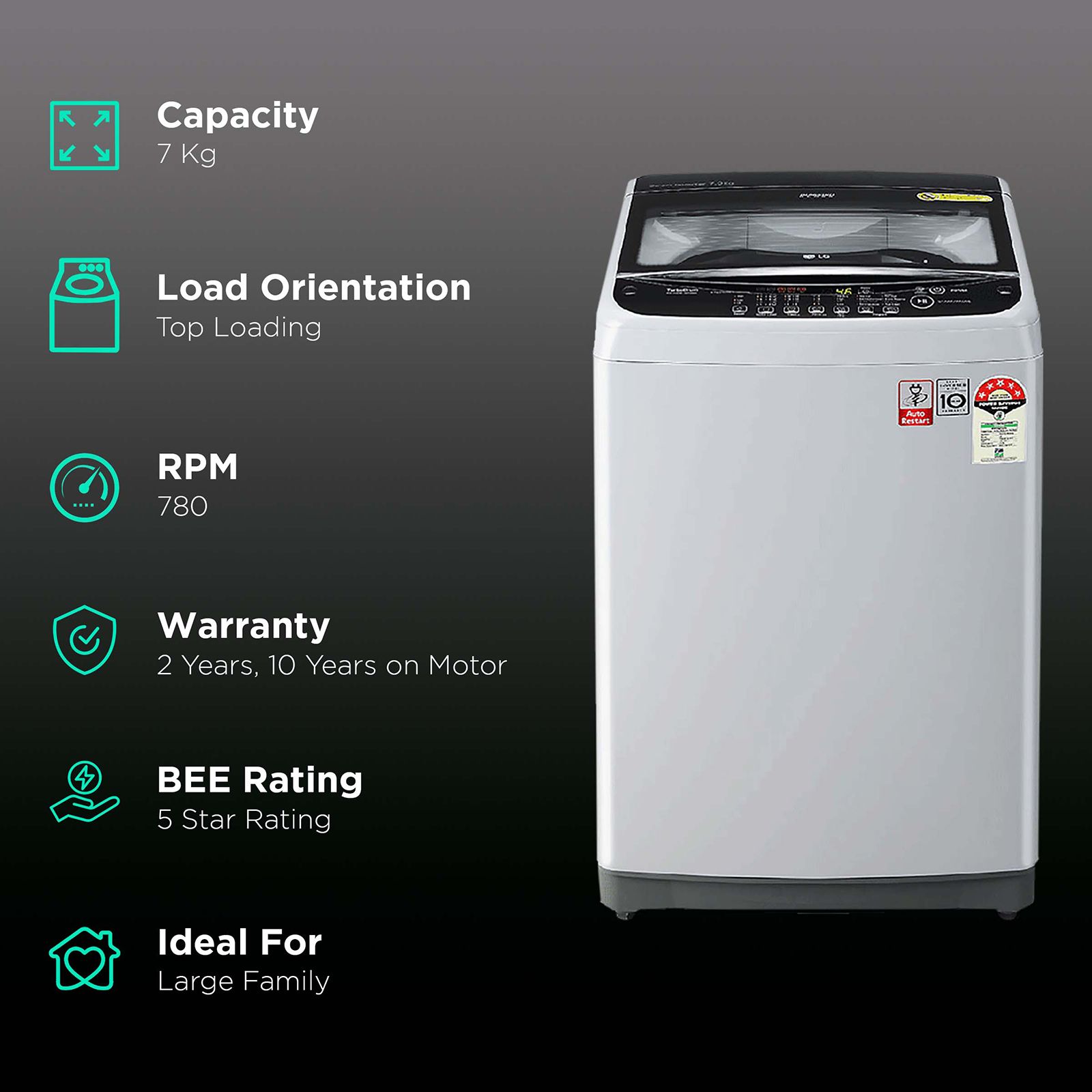 LG 7 kg 5 Star Inverter Fully Automatic Top Load Washing Machine (T70SJSF3Z.ASFQEIL, Smart Inverter Technology, Middle Free Silver) LG 7 kg 5 Star Inverter Fully Automatic Top Load Washing Machine (T70SJSF3Z.ASFQEIL, Smart Inverter Technology, Middle Free Silver)_2