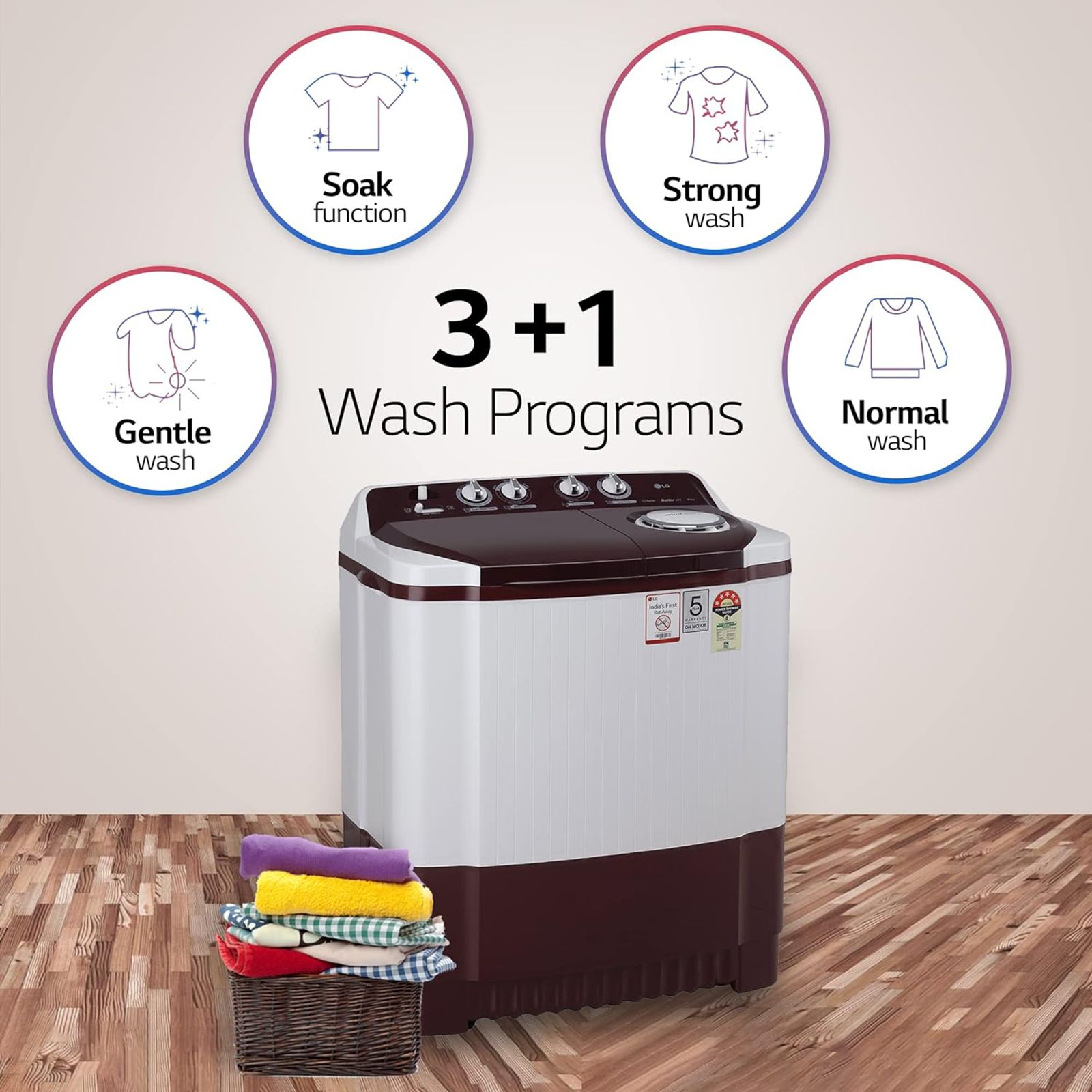 LG 8 kg 5 Star Semi Automatic Washing Machine with Lint Filter (P8030SRAZ.ABGQEIL, Burgundy)_16