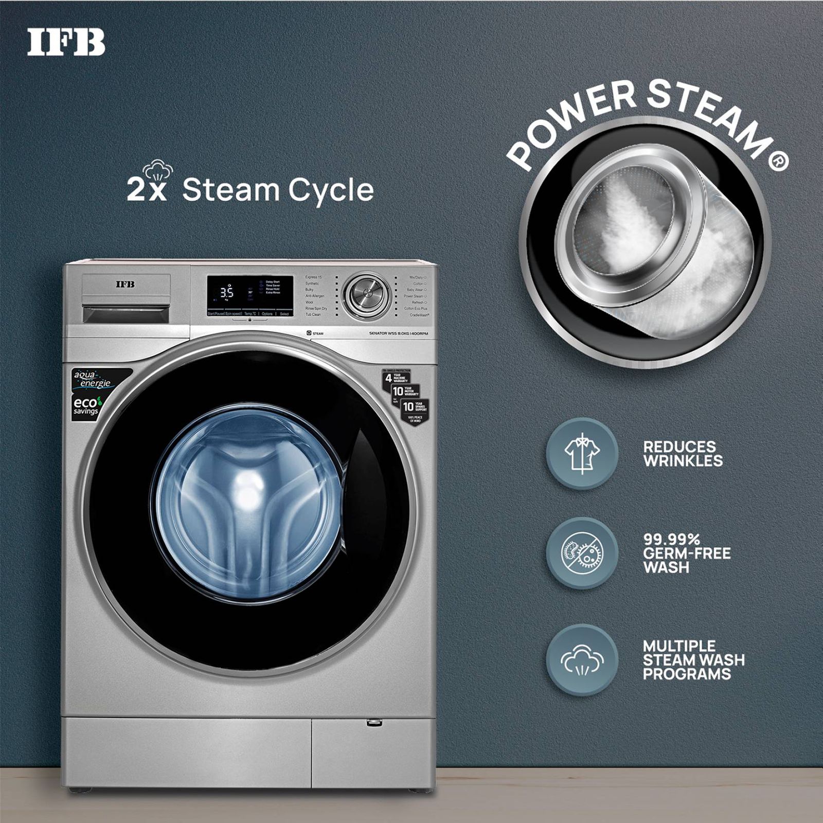 IFB 8 kg 5 Star Fully Automatic Front Load Washing Machine (Senator WSS STEAM, Steam Wash Technology, Silver)_10