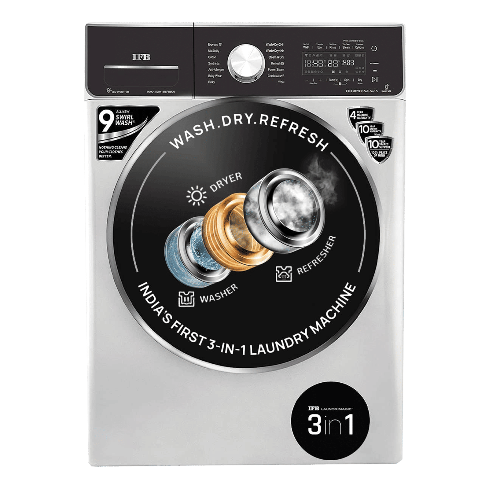 IFB 8.5/6.5 kg 5 Star Inverter Fully Automatic Front Load Washer Dryer (Executive ZXS, Power Steam Wash, Silver) IFB 8.5/6.5 kg 5 Star Inverter Fully Automatic Front Load Washer Dryer (Executive ZXS, Power Steam Wash, Silver)_1