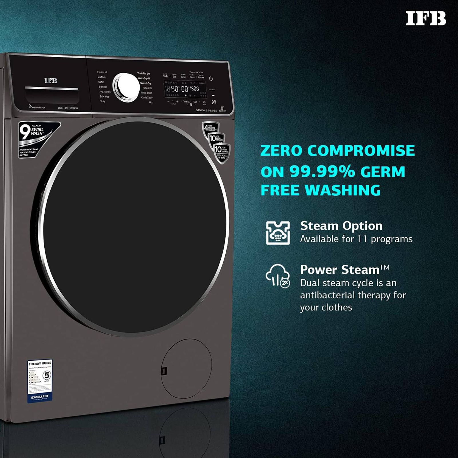IFB 8.5/6.5 kg 5 Star Inverter Fully Automatic Front Load Washer Dryer (Executive ZXM, Power Steam Wash, Mocha)_13