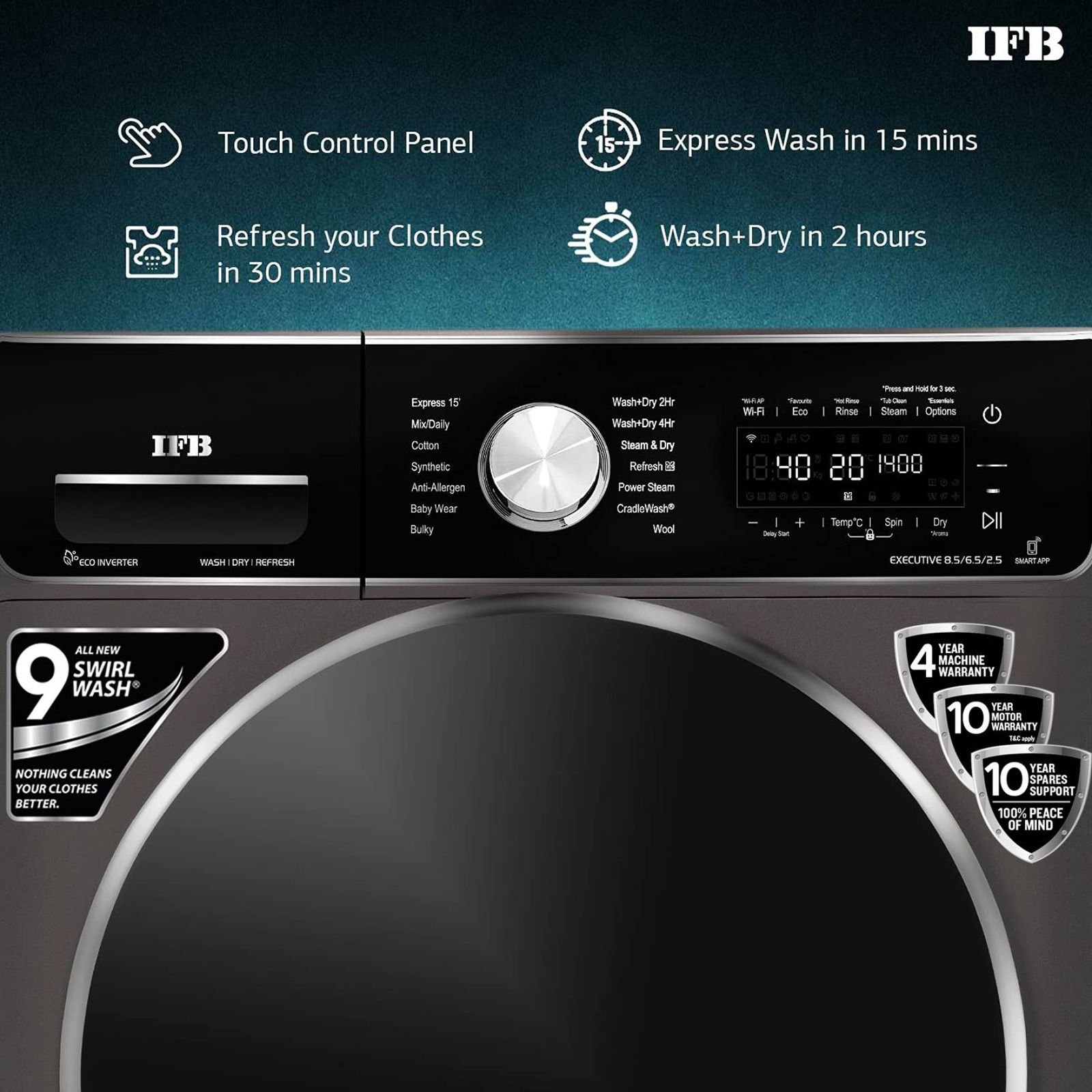 IFB 8.5/6.5 kg 5 Star Inverter Fully Automatic Front Load Washer Dryer (Executive ZXM, Power Steam Wash, Mocha)_15