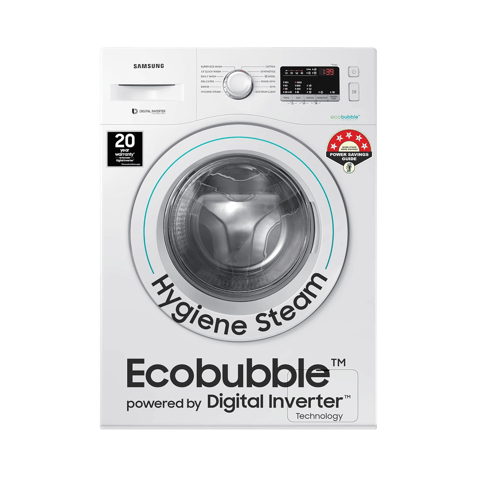 SAMSUNG 6.5 kg 5 Star Inverter Fully Automatic Front Load Washing Machine (WW65R20EKMW/TL, Diamond Drum, DA White)_1