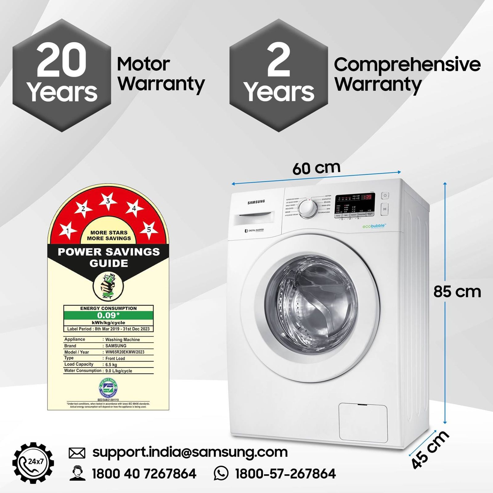 SAMSUNG 6.5 kg 5 Star Inverter Fully Automatic Front Load Washing Machine (WW65R20EKMW/TL, Diamond Drum, DA White)_13
