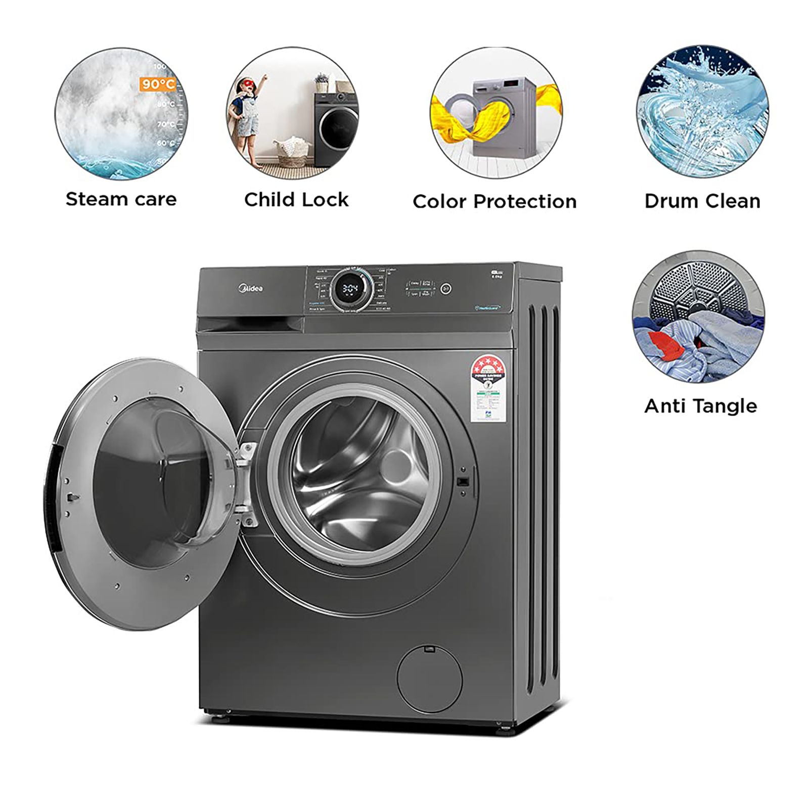 Midea 6 kg 5 Star Fully Automatic Front Load Washing Machine (MF100W60/T-IN, In-Built Heater, Dark Grey)_14