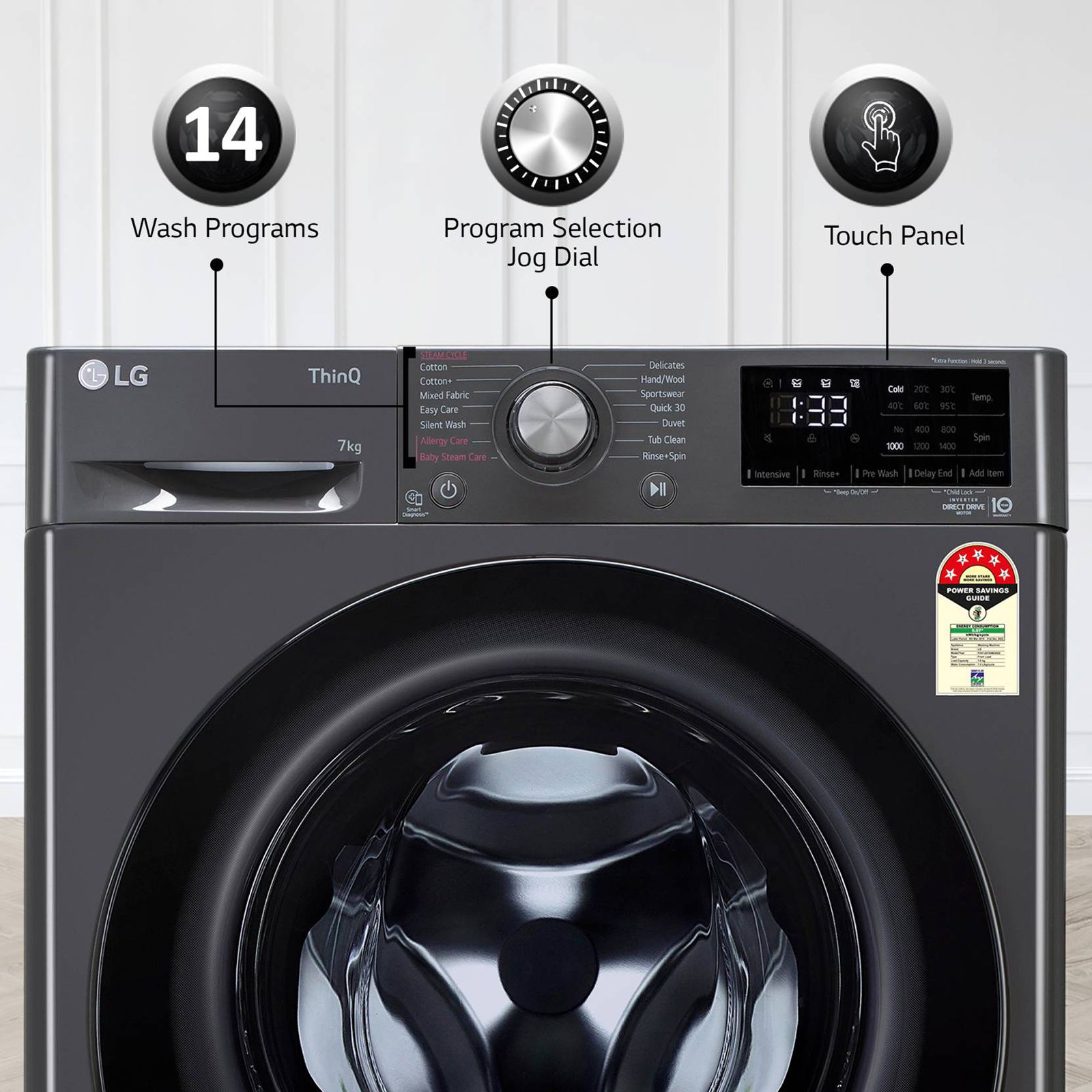 LG 7 Kg 5 Star Inverter Fully Automatic Front Load Washing Machine (FHV1207Z4M, Built-In Heater, Middle Black)_20