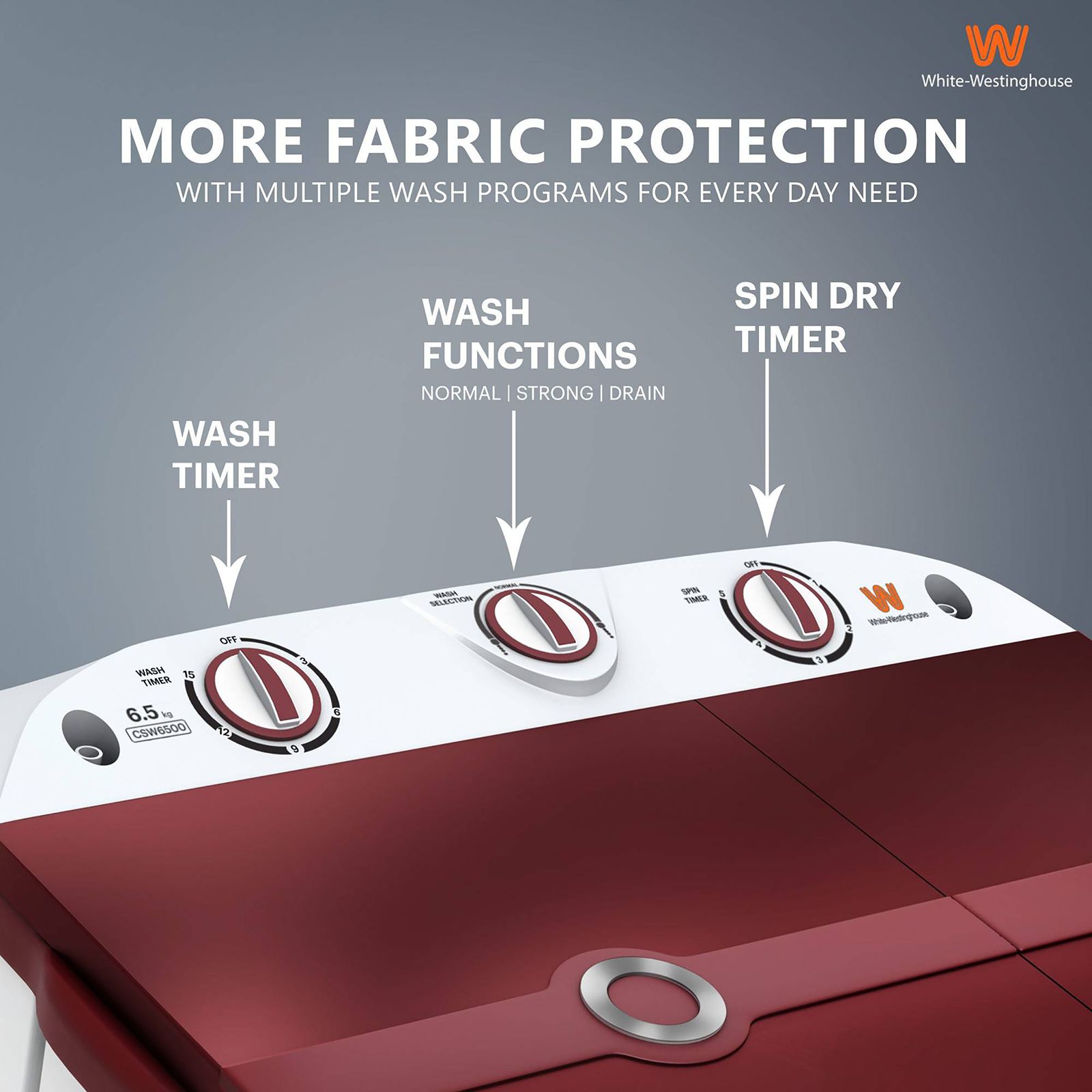 White Westinghouse 6.5 kg Semi-Automatic Washing Machine with Lint Filter (CSW6500, White/Maroon) White Westinghouse 6.5 kg Semi-Automatic Washing Machine with Lint Filter (CSW6500, White/Maroon)_15