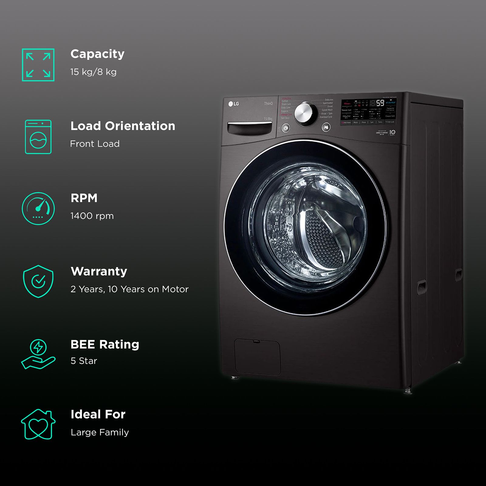 LG 15/8 kg 5 Star Fully Automatic Front Load Washer Dryer(FHD1508STB.ABLQEIL, AI Direct Drive, Black VCM) LG 15/8 kg 5 Star Fully Automatic Front Load Washer Dryer(FHD1508STB.ABLQEIL, AI Direct Drive, Black VCM)_2