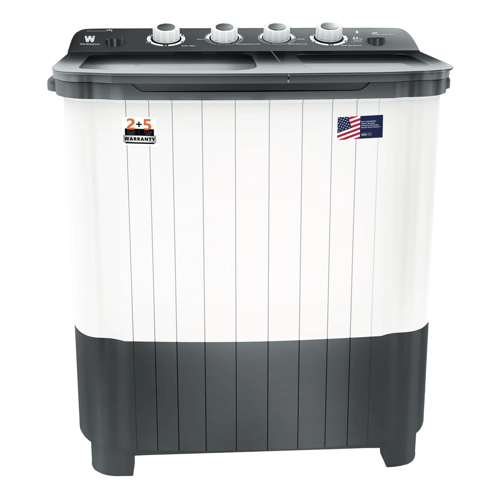 White Westinghouse 8.5 kg Semi Automatic Washing Machine with Six-Fin Jumbo Pulsator (CSW8500, Grey and White) White Westinghouse 8.5 kg Semi Automatic Washing Machine with Six-Fin Jumbo Pulsator (CSW8500, Grey and White)_1