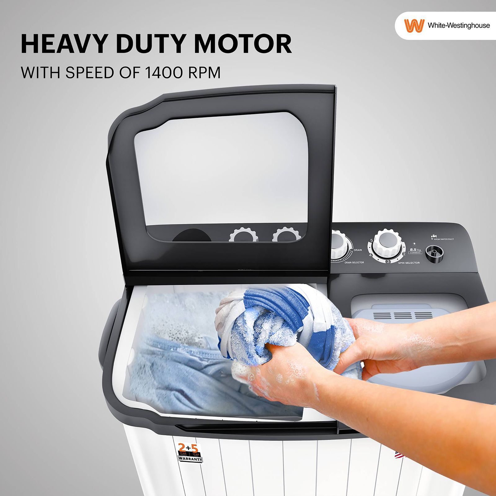 White Westinghouse 8.5 kg Semi Automatic Washing Machine with Six-Fin Jumbo Pulsator (CSW8500, Grey and White) White Westinghouse 8.5 kg Semi Automatic Washing Machine with Six-Fin Jumbo Pulsator (CSW8500, Grey and White)_18