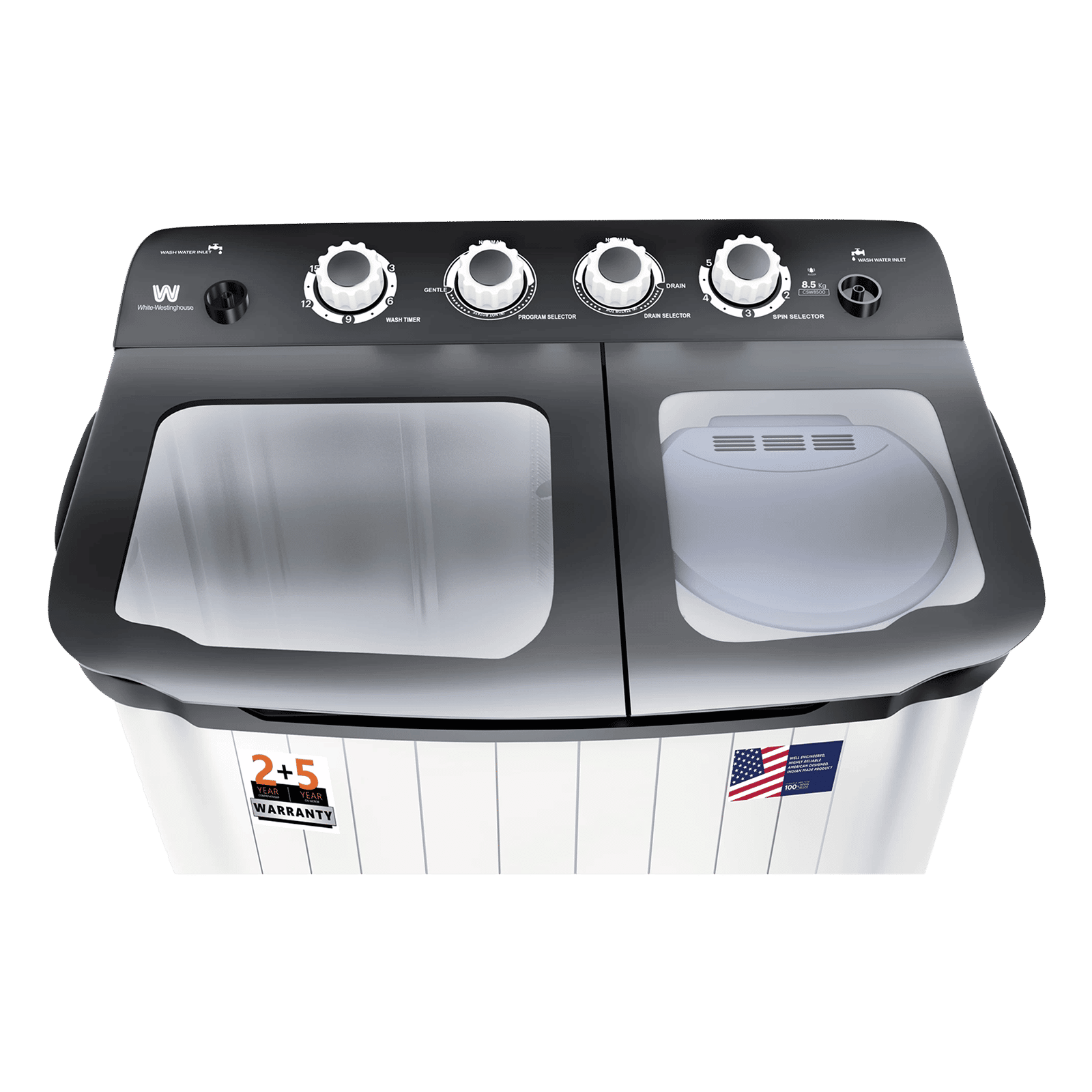 White Westinghouse 8.5 kg Semi Automatic Washing Machine with Six-Fin Jumbo Pulsator (CSW8500, Grey and White) White Westinghouse 8.5 kg Semi Automatic Washing Machine with Six-Fin Jumbo Pulsator (CSW8500, Grey and White)_4
