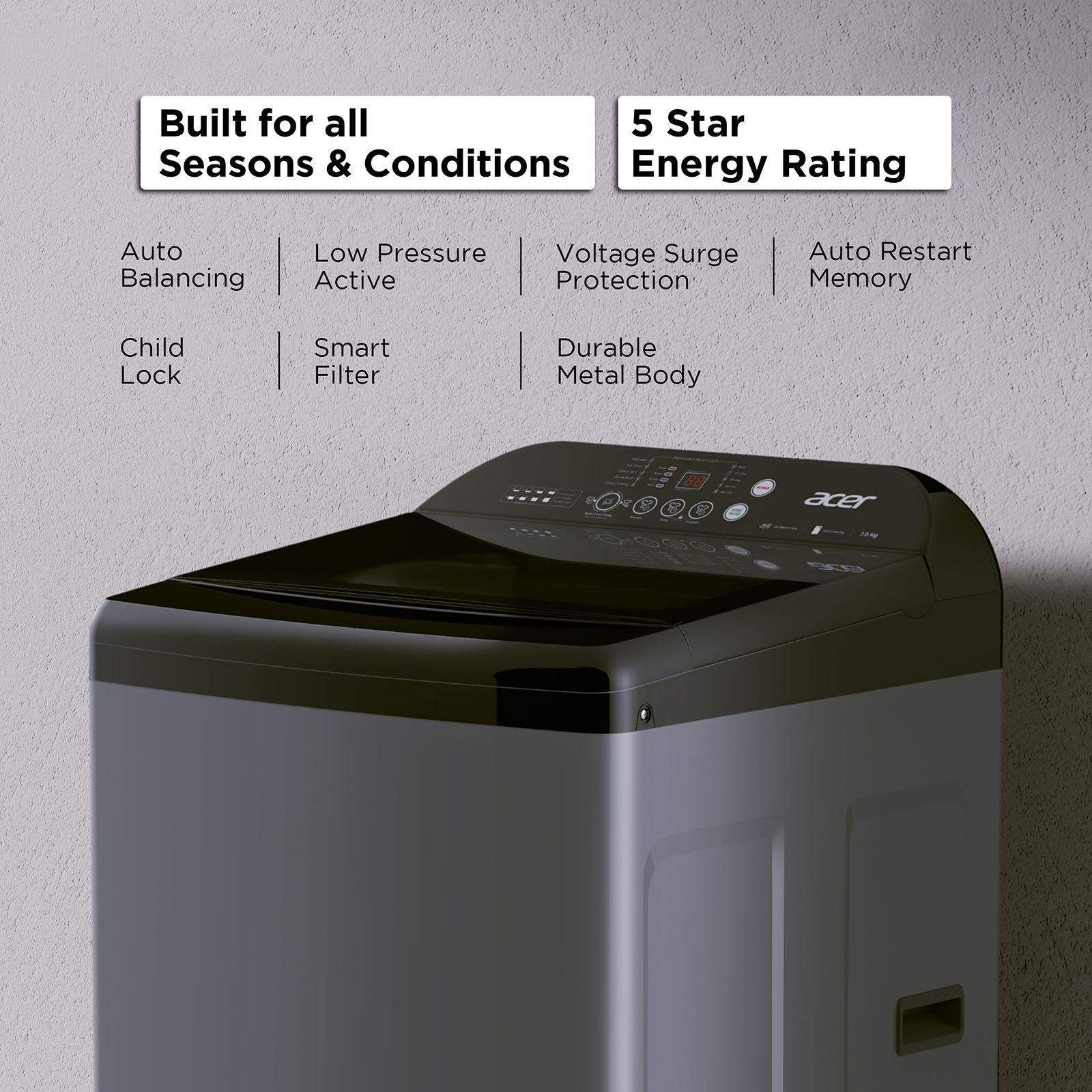 acer 7 kg 5 Star Fully Automatic Top Load Washing Machine (Quad Wash, AR70FATLP1EC, AiSense, Grey) acer 7 kg 5 Star Fully Automatic Top Load Washing Machine (Quad Wash, AR70FATLP1EC, AiSense, Grey)_8