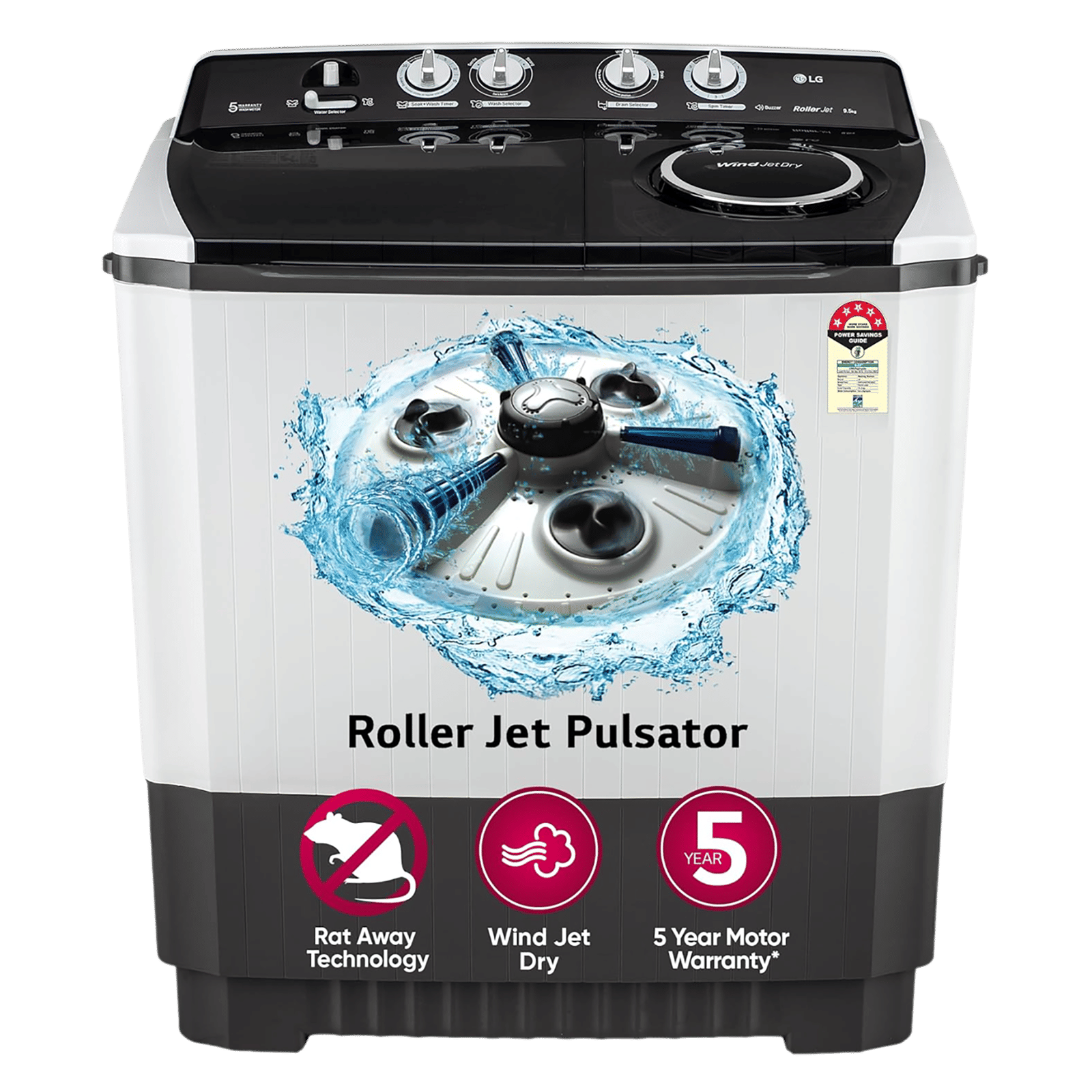 LG 9.5 kg 5 Star Semi Automatic Washing Machine with Roller Jet Pulsator (P955ASGAZ.ADGQEIL, Dark Grey) LG 9.5 kg 5 Star Semi Automatic Washing Machine with Roller Jet Pulsator (P955ASGAZ.ADGQEIL, Dark Grey)_1