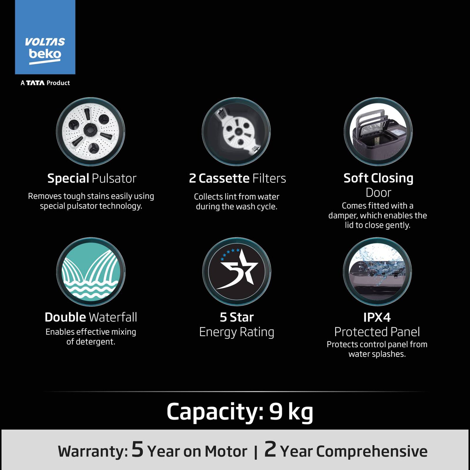 VOLTAS beko 9 kg 5 Star Semi Automatic Washing Machine with Cassette Filter (WTT90UDX/BKGR4KPTD, Black) VOLTAS beko 9 kg 5 Star Semi Automatic Washing Machine with Cassette Filter (WTT90UDX/BKGR4KPTD, Black)_10