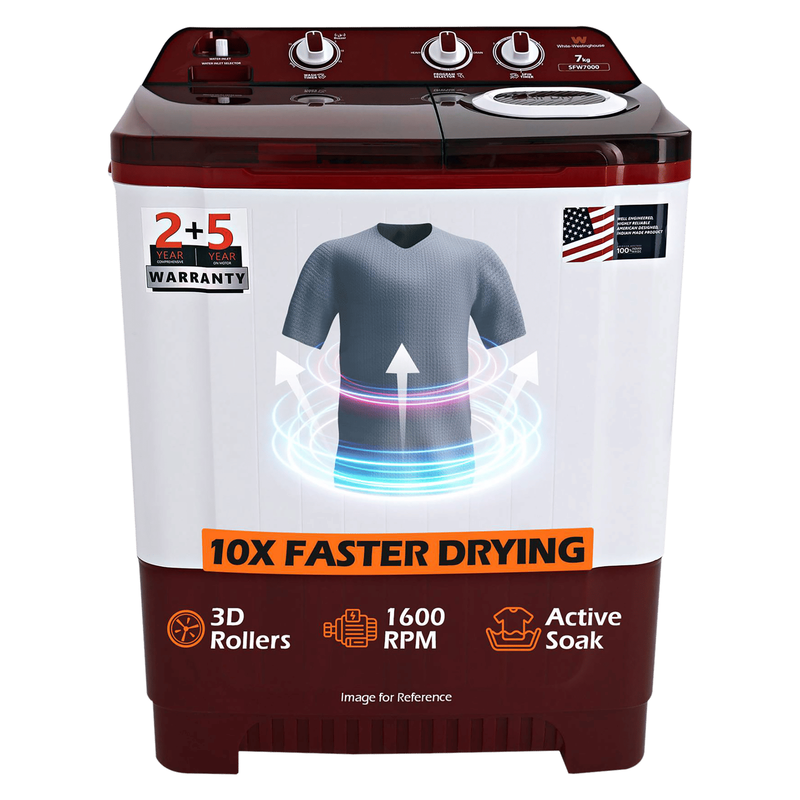 White Westinghouse 7 kg Semi Automatic Washing Machine with Pulsator Washing Technique (SFW7000, Burgundy)_1