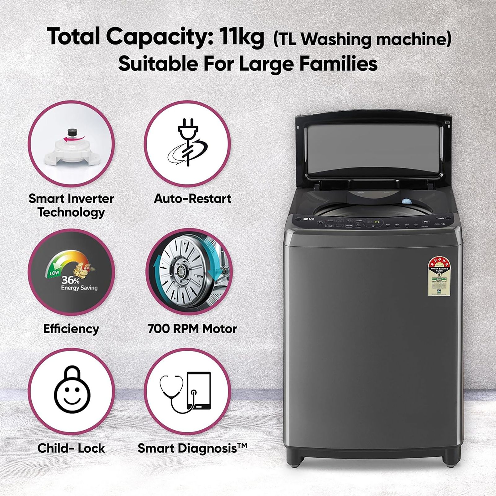 LG 11 kg 5 Star Inverter Fully Automatic Top Load Washing Machine (THD11SWM.ABMQEIL, AI Direct Drive, Middle Black) LG 11 kg 5 Star Inverter Fully Automatic Top Load Washing Machine (THD11SWM.ABMQEIL, AI Direct Drive, Middle Black)_19