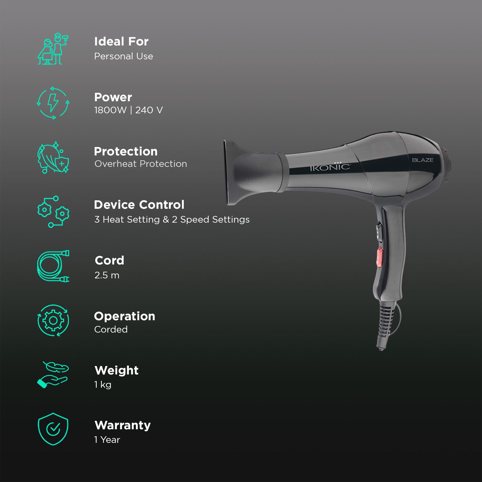 Ikonic Blaze Hair Dryer with 3 Heat Settings (Overheat Protection, Black)_2