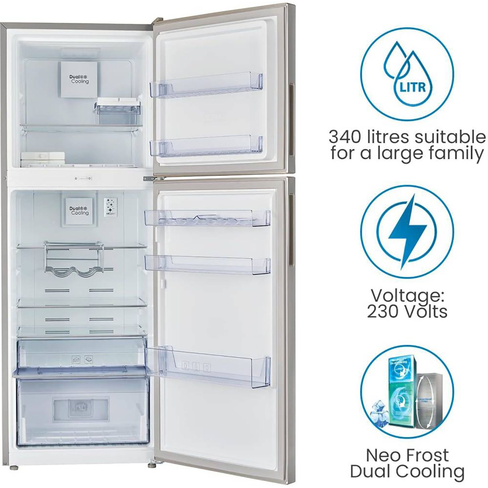VOLTAS beko 340 Litres 2 Star Frost Free Double Door Bottom Mount Refrigerator with Neo Frost Dual Cooling (RBM363IF, Silver)_4