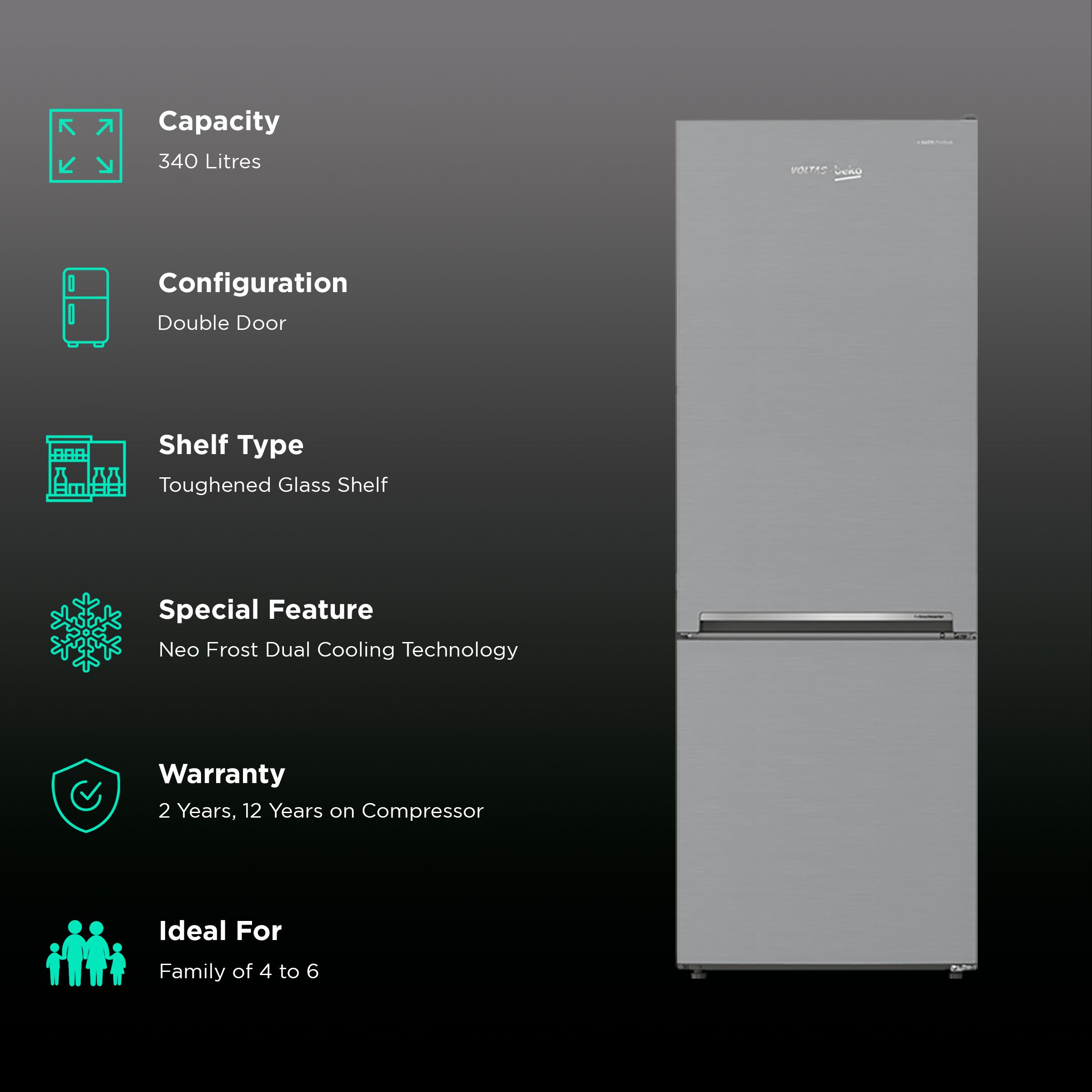 VOLTAS beko 340 Litres 2 Star Frost Free Double Door Bottom Mount Refrigerator with Neo Frost Dual Cooling (RBM363IF, Silver)_2