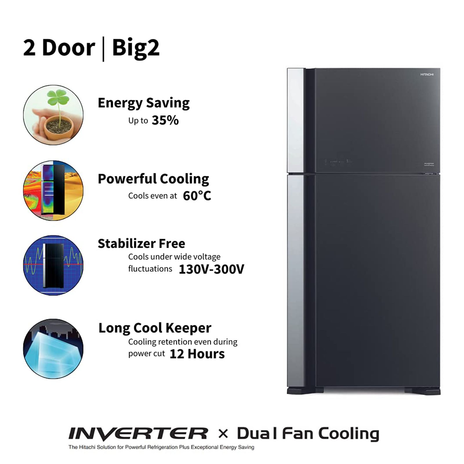 HITACHI Big2 Series 601 Litres 2 Star Frost Free Double Door Bottom Mount Refrigerator with Front Air Flow (R-VG660PND7, Grey) HITACHI Big2 Series 601 Litres 2 Star Frost Free Double Door Bottom Mount Refrigerator with Front Air Flow (R-VG660PND7, Grey)_5