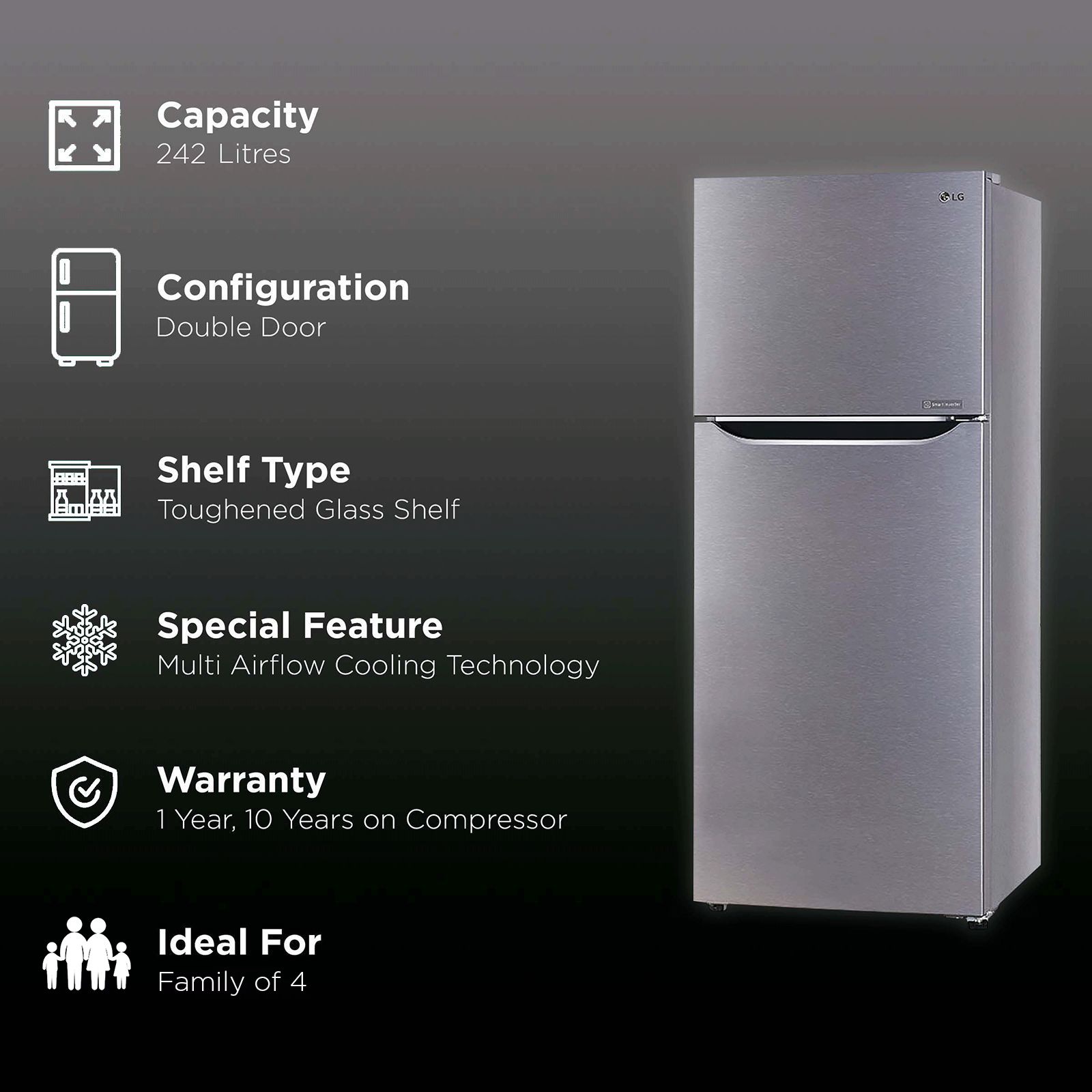 LG 242 Litres 1 Star Frost Free Double Door Refrigerator with Multi Air Flow (GL-N292DDSY, Dazzle Steel) LG 242 Litres 1 Star Frost Free Double Door Refrigerator with Multi Air Flow (GL-N292DDSY, Dazzle Steel)_3