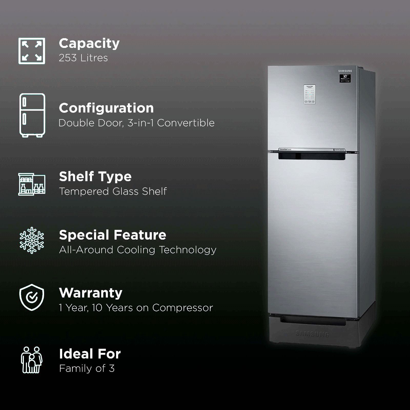 SAMSUNG 253 Litres 2 Star Frost Free Double Door Convertible Refrigerator with Base Stand Drawer (RT28T3822S8/HL, Elegant Inox) SAMSUNG 253 Litres 2 Star Frost Free Double Door Convertible Refrigerator with Base Stand Drawer (RT28T3822S8/HL, Elegant Inox)_2